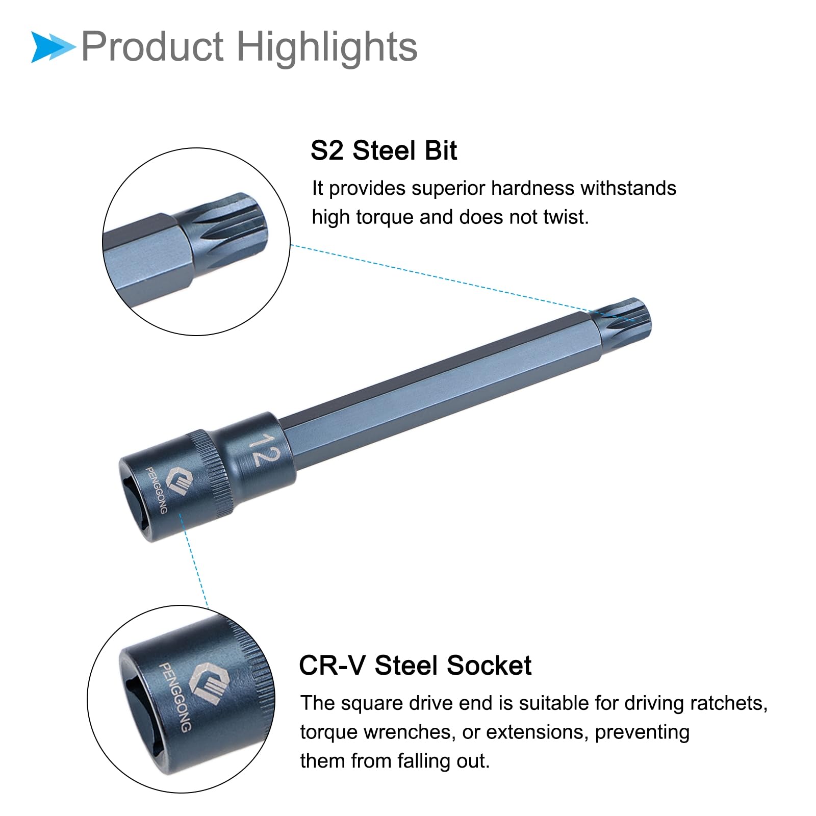 CoCud Triple Square Spline Bit Socket, M12 Bit 1/2" Drive 5.5" Length, Star S2 Alloy Steel Cr-V Socket Blue - Image 4