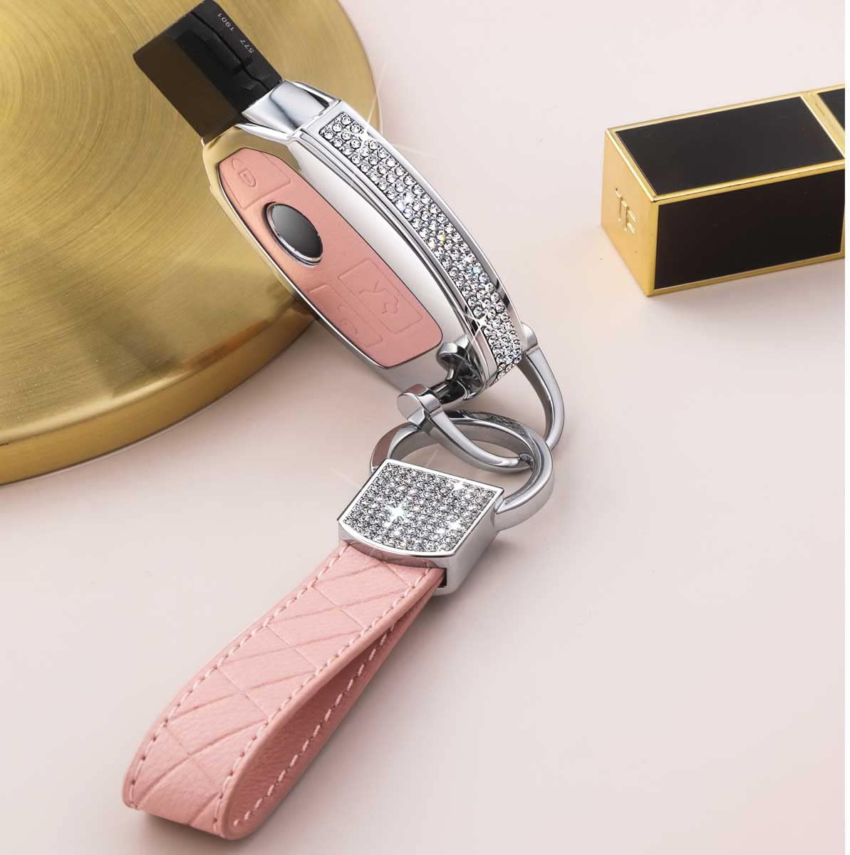 MUEKZRU Bling Crystal Leather Key Fob Sleeve Chain Compatible for Mercedes Benz