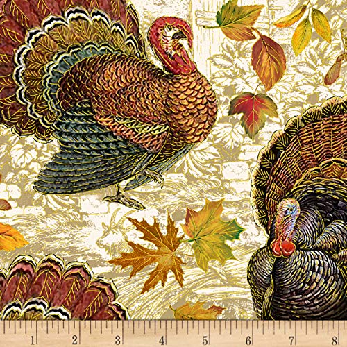 Timeless Treasures Metallic Gather Here Harvest Turkeys Multi Fabric by the Yard