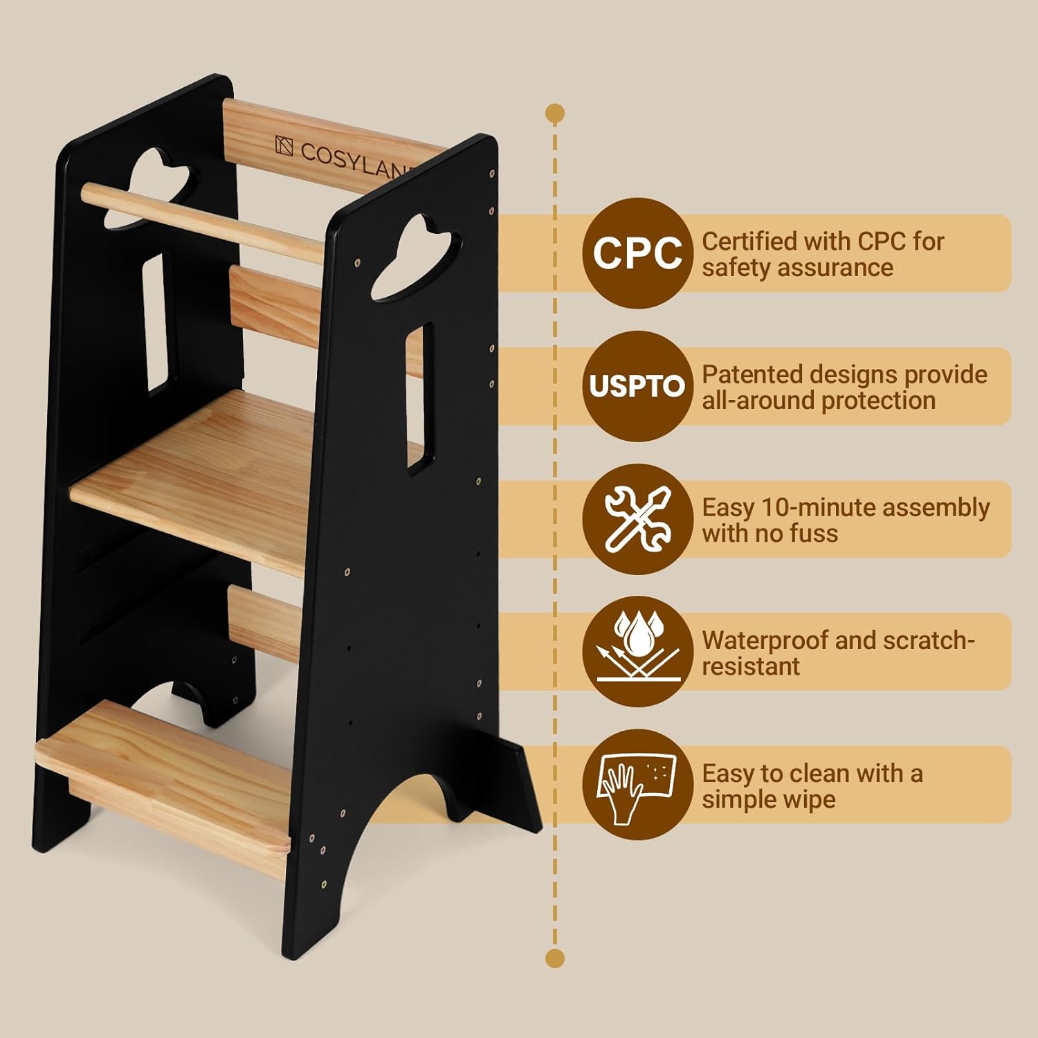 Image highlighting easy assembly and other features of the learning tower.