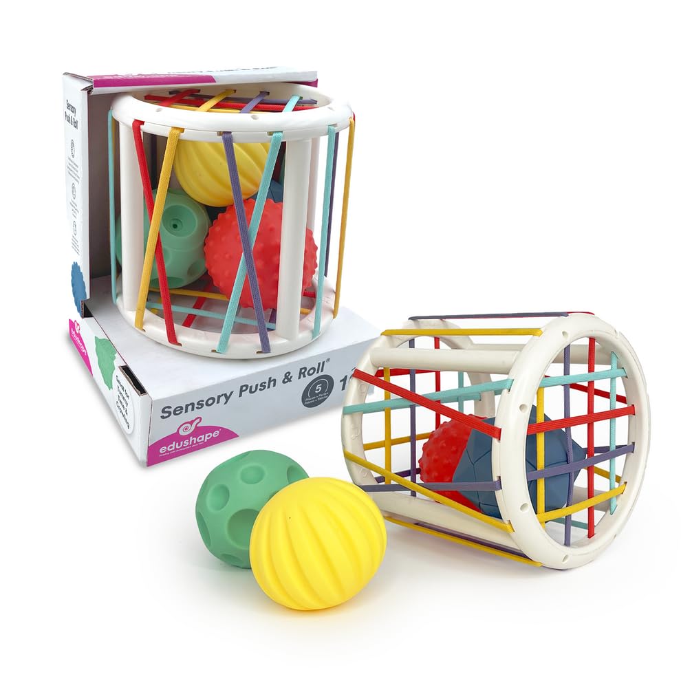 Edushape Sensory Push & Roll | Includes 4 Balls & Basket | Sensory Baby Toy | Boost Motor Skills Safe |