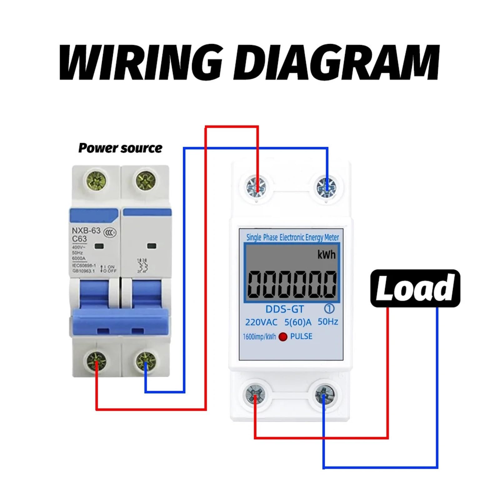 Dwuprzewodowy jednofazowy cyfrowy licznik energii, wyświetlacz LCD na szynie Din, KWh, zużycie energii elektrycznej, 230VAC, 60A, 50 Hz, miernik mocy