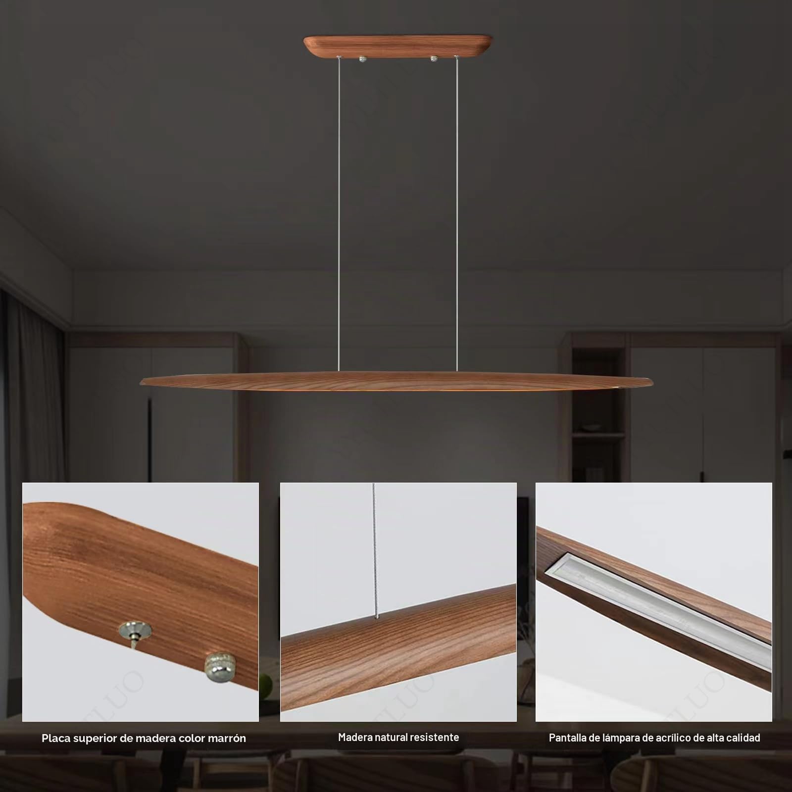 Lámpara Colgante De Madera LED, Lámpara Colgante Para Mesa Comedor, Marrón Regulable Con Control Remoto, Candelabro Altura Ajustable Diseño Lineal Moderno Candelabro Para (100cm)