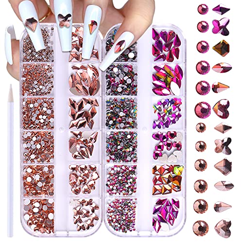 WOKOTO 2 Box Flat Back Fire Red And Champagne Color Nail Rhinestones Crystals For Women Nail Art Big Rhinestones For Acrylic Nails Nail Diamonds And Gems 3d Nail Charms Nail Jewels Kit Nail Stones