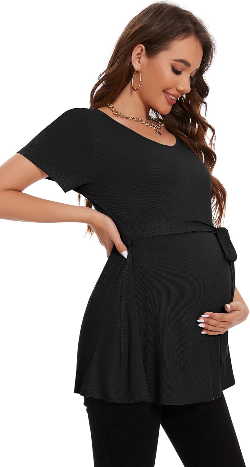 Smallshow Women's Maternity Shirts Tie Front Short Sleeve Pregnancy Tops Clothes - Image 2
