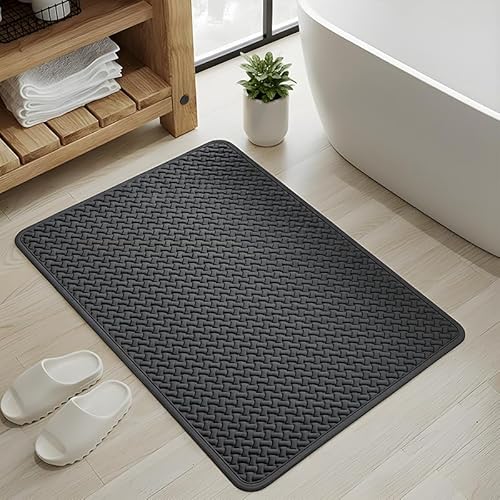 40 * 60cm Absorbent Bath Mat, Rubber Non Slip Quick Dry Super Absorbent Thin Bathroom Rugs Fit Under Door-Washable Bathroom Floor Mats-Shower Rug for in Front of Bathtub (Gray Rectangle)