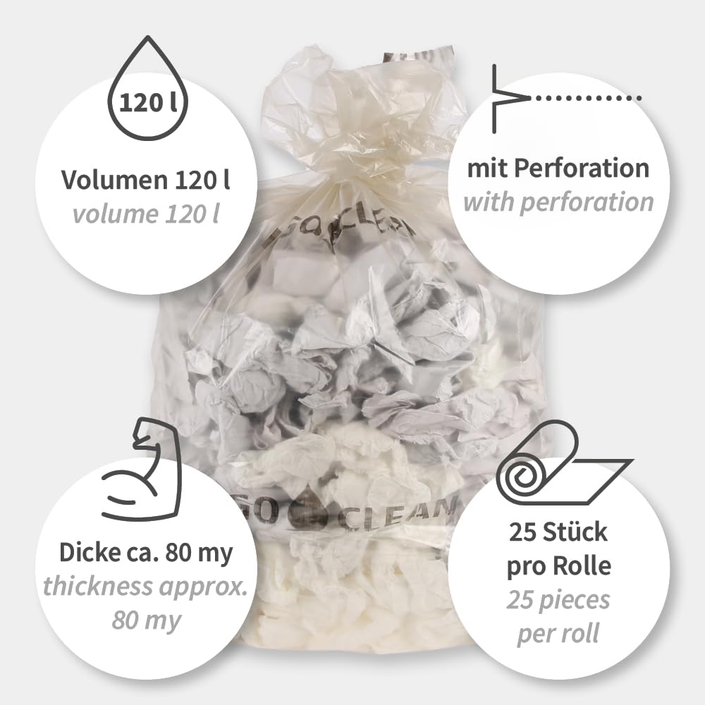 100 Stück, Müllsäcke Premium Hygoclean, FRANZ MENSCH, 120 l, LDPE | 70 my, 110 x 70 cm, auf Rolle, transparent, Müllbeutel, Mülltüten, reißfest, Abfallsack für Gewerbe