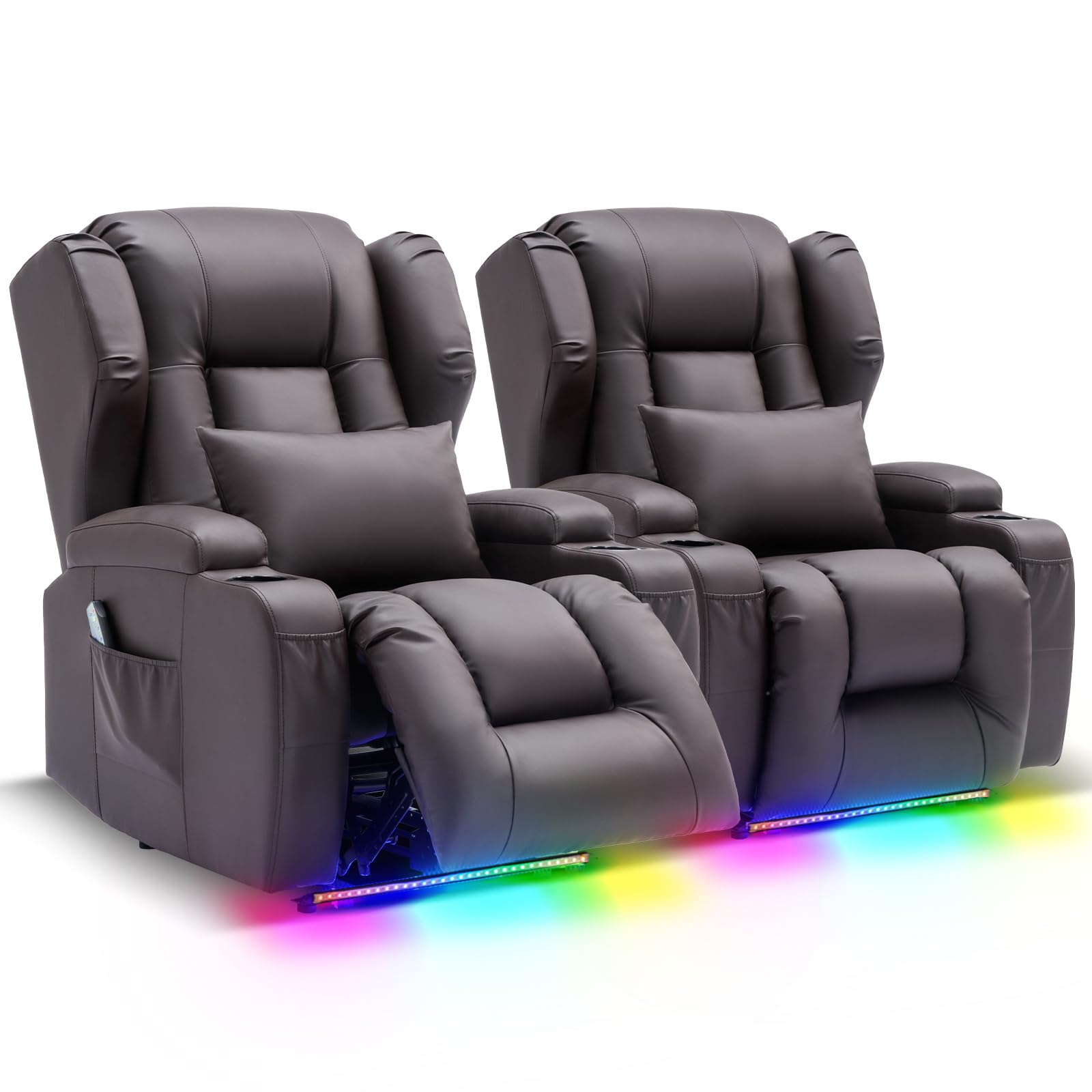 Oprisen Wall Hugger Power Recliner Chair Set of 2, Overstuffed Home Theater Seating w/Heat Massage Electric Movie Gaming Sofa Reclining Sleeper Chair with LED Light/Lumbar Pillow/Cup Holders
