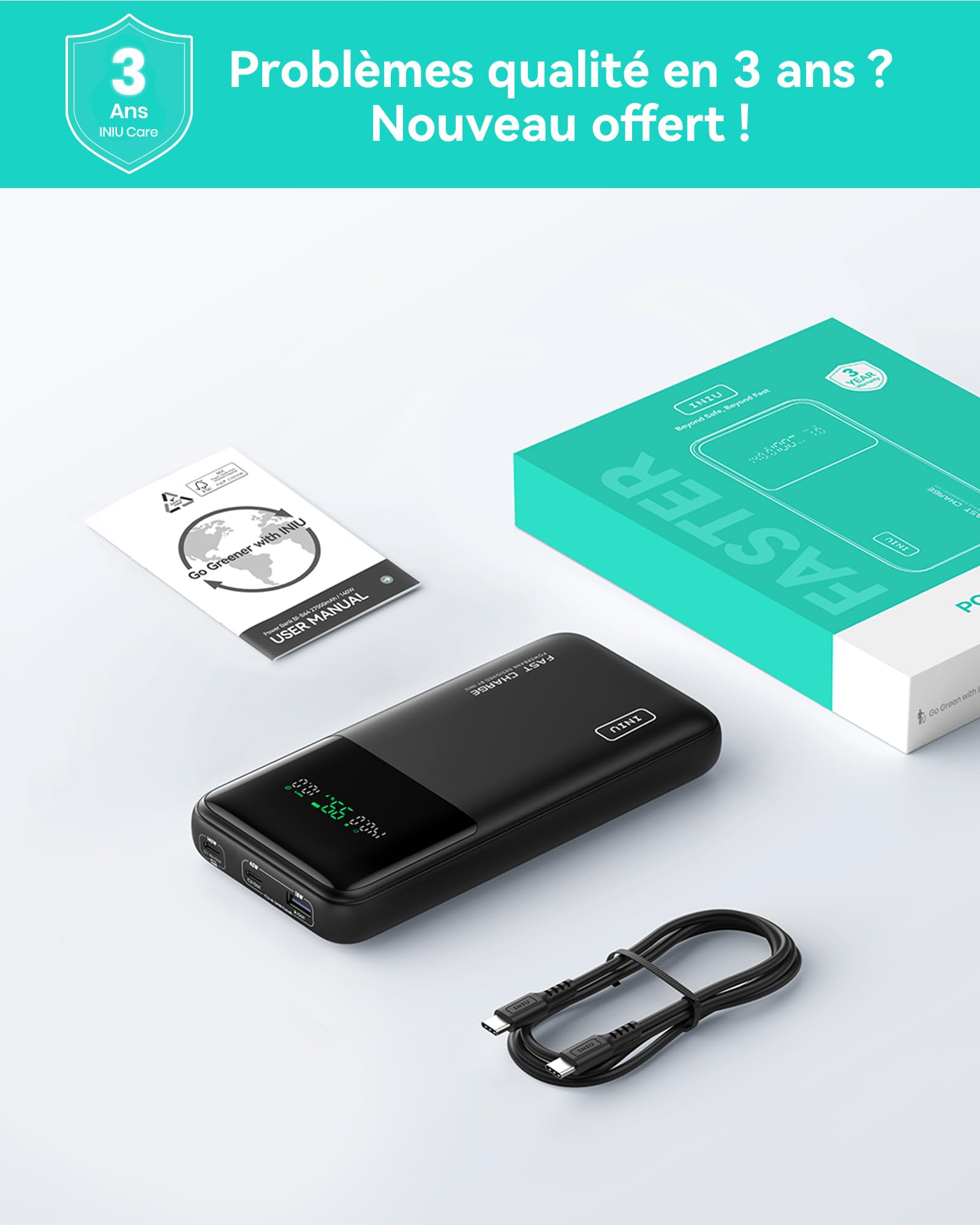 INIU Batterie Externe 27000mAh 140W, Power Bank Portable avec Câble USB C et Écran Digital, 3 Ports Charge Rapide Batterie Portable pour Laptop MacBook iPhone Steam Deck iPad iPhone Samsung