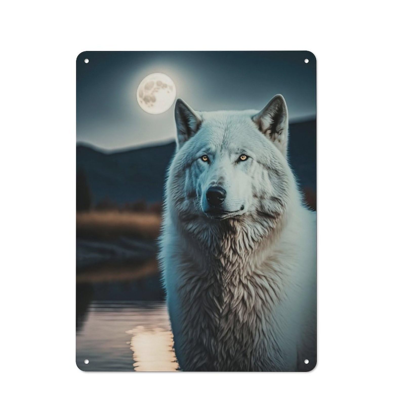 Junmoney White Wolf And The Moon Tin Wall Plaque 40X30cm With For Bar Or Restaurant, Housewarming Wall Decor For People Furnishing Bar And Restaurant
