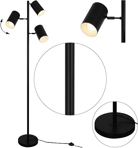 Miniatura 6 de Lámpara de pie de árbol con 3 bombillas LED E26 de 9 W, lámpara de poste alto de pie negro con 3 luces giratorias ajustables, lámpara de pie moderna