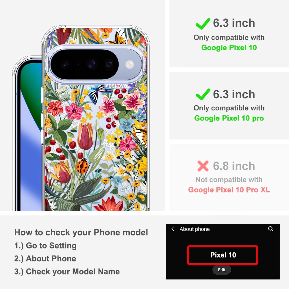 MOSNOVO Case for Google Pixel 10 & Pixel 10 Pro, [Buffertech 6.6ft Military-Grade Drop Protection] [Anti Peel Off Tech] Clear TPU Bumper Phone Case Cover Design - in The Garden - 2