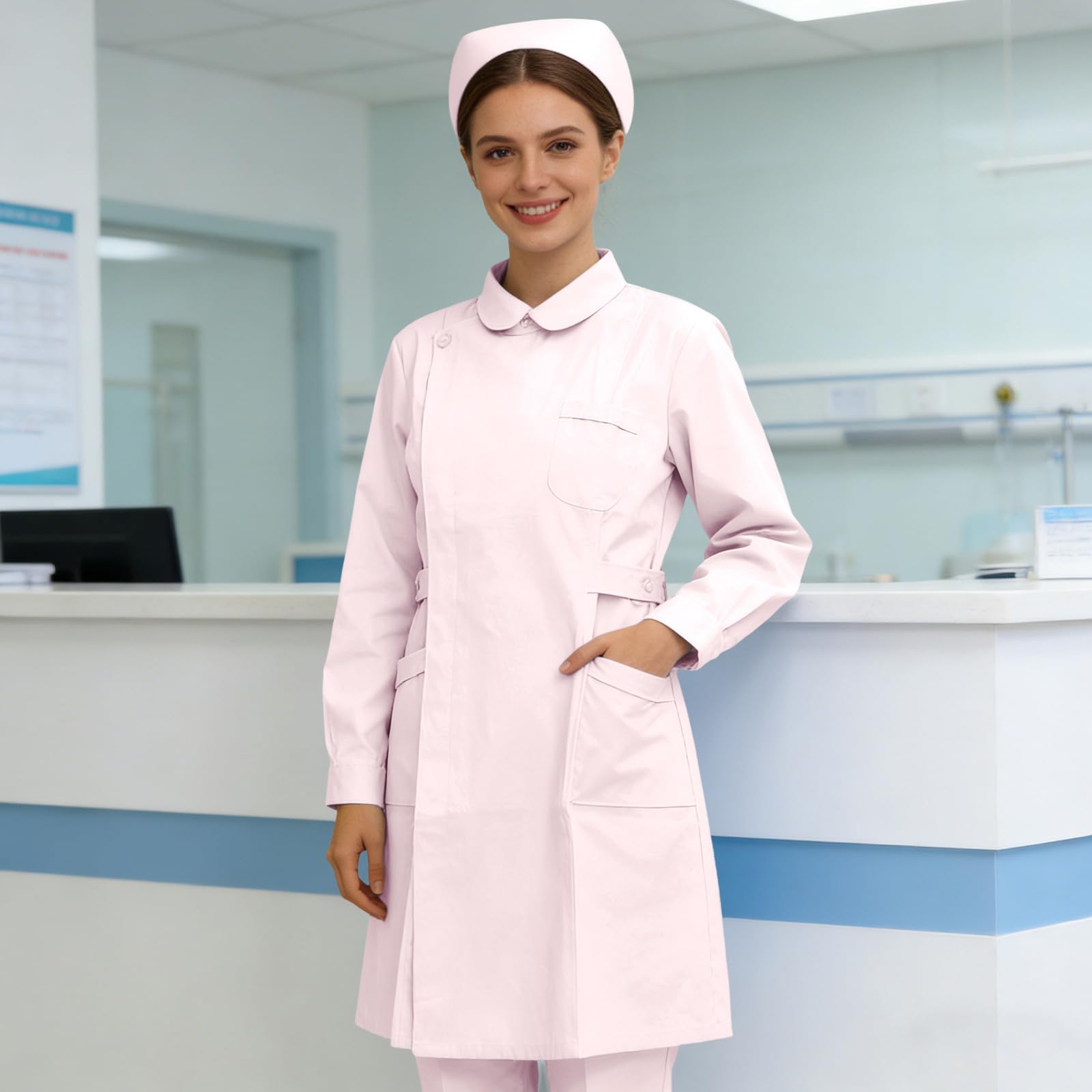 Generisch Elegancki fartuch laboratoryjny Cosplay- z długim kołnierzem, skośnymi kieszeniami