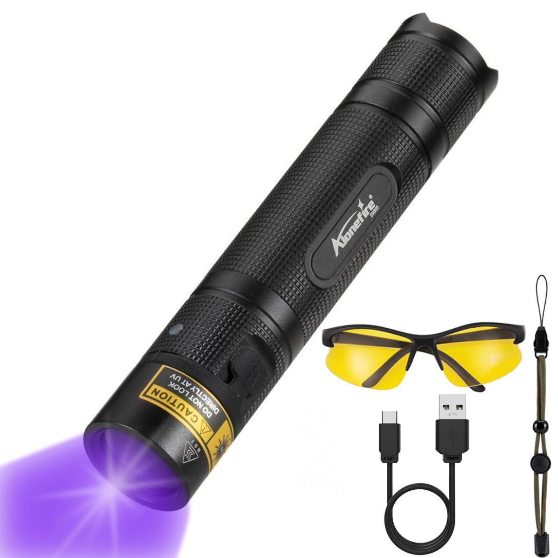 AlonefireSV005 10W LED 365nm UV Flashlight Blacklight Portable USB Rechargeable Black Light Full Metal Case Pet Urine Detector with UV Protective Glasses, Battery Included for Resin Curing