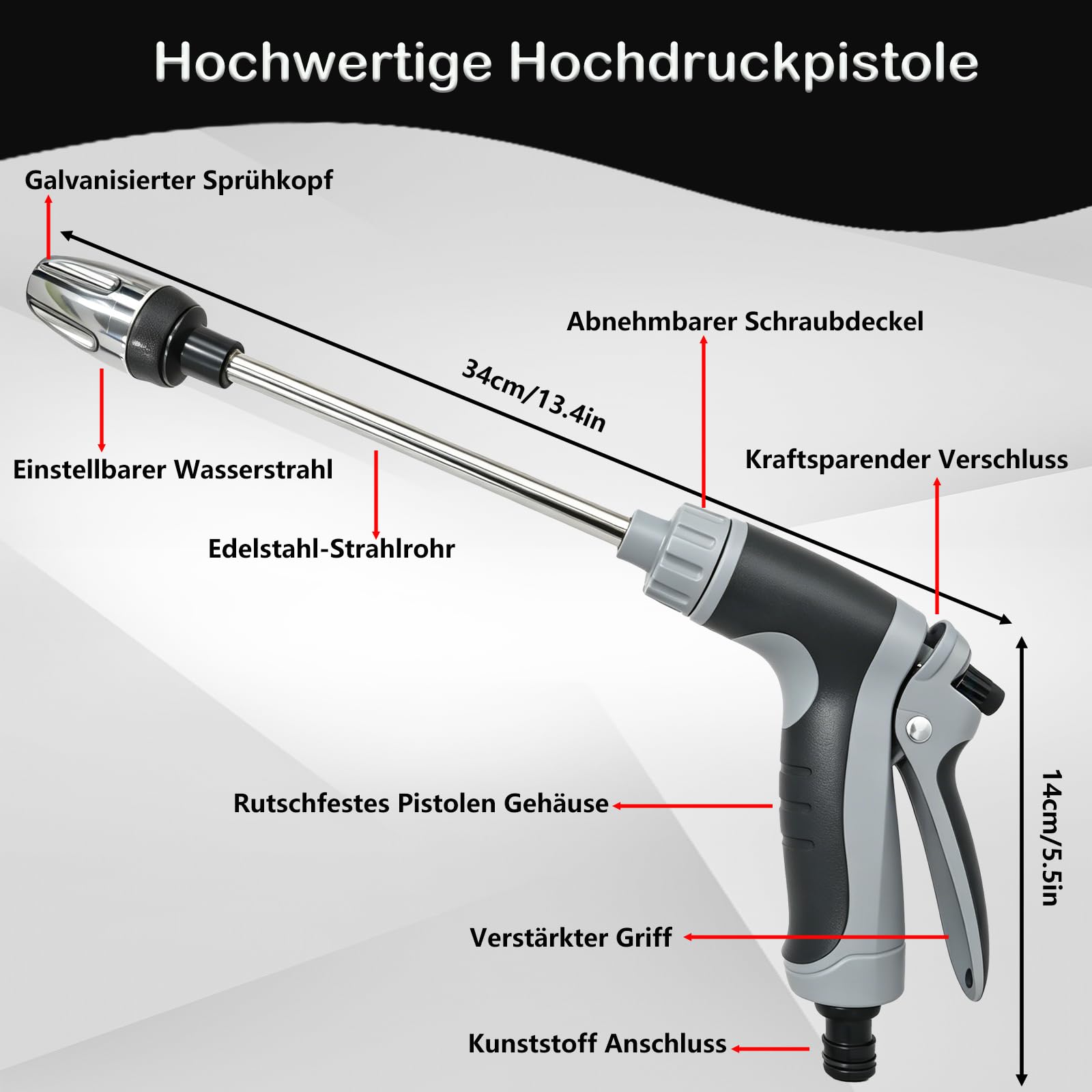 Power Jet Hochdruckpistole, Gartenbrause 360° Drehbare Düse, Hochdruckpistole für Gartenschlauch, Hochdruckdüse für Autowäsche, Terrasse