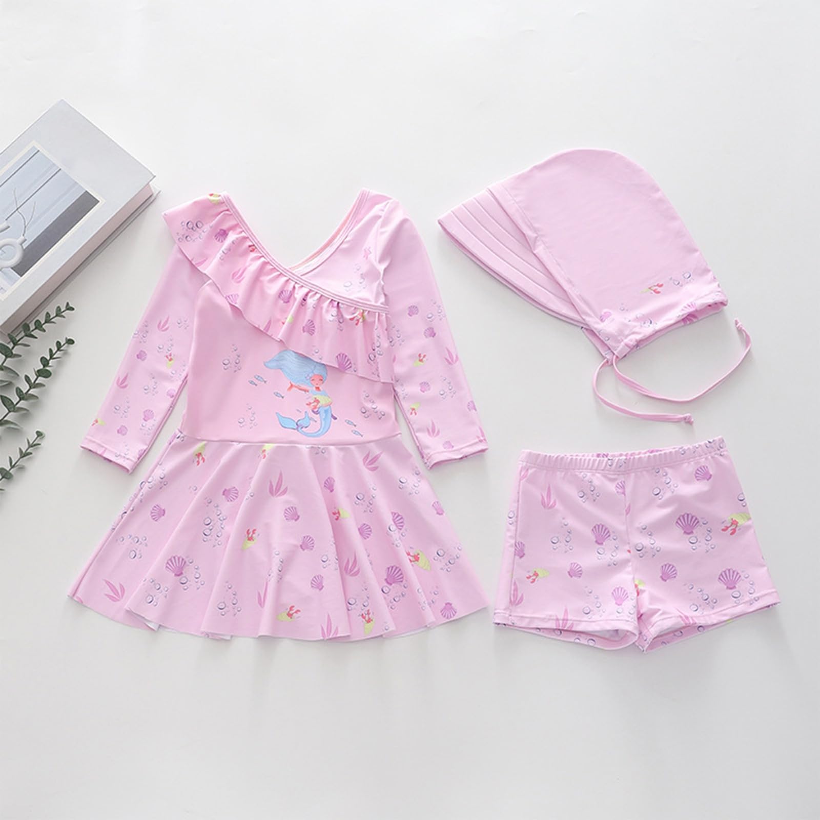 Traje de baño de verano para niños y niñas, de dos piezas, con falda y gorro de baño a juego, bonito tankini con volantes para niños mayores, adolescentes y jóvenes