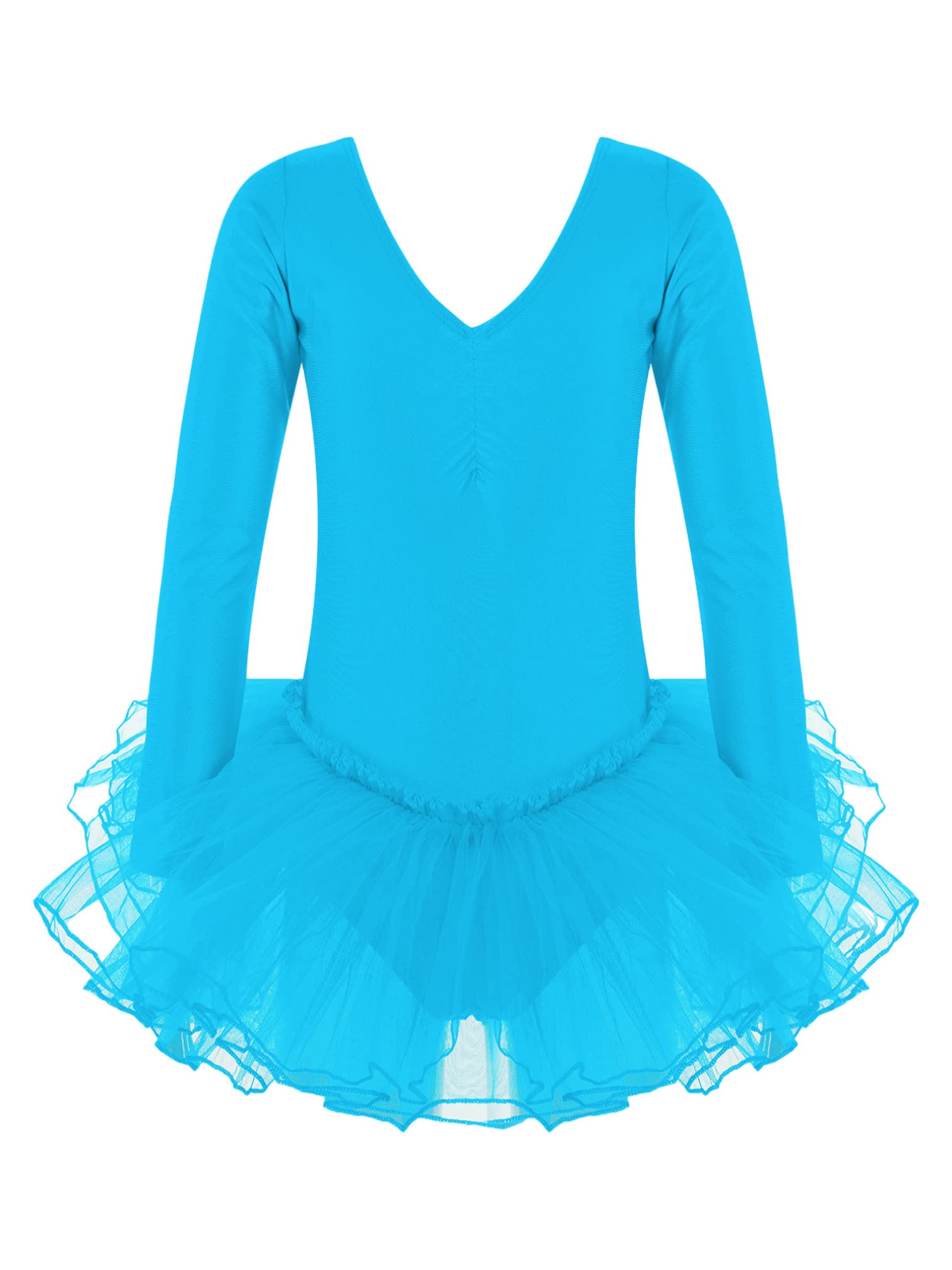 easyforever Toddler Girls V Neck Long Sleeve Ballet Leotards Dance Mesh Tutu Skirted Ballerina Outfits Dance wear Lake Blue 3-4 Years