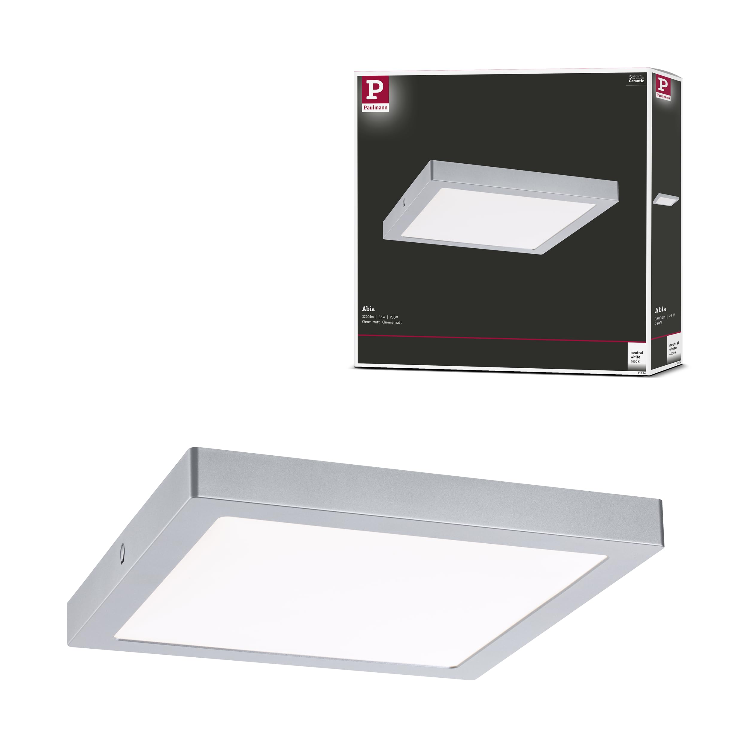 Paulmann 71024 LED panel Abia 300x300mm rectangular Daylight white Chrome matt Light panel Plastic Lighting system 4000K