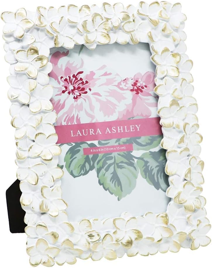 Laura Ashley 4x6 White & Gold Flower Textured Hand-Crafted Resin Picture Frame w/Easel & Hook for Tabletop & Wall Display, Decorative Floral Design Home Décor, Photo Gallery, Art (4x6, White/Gold)