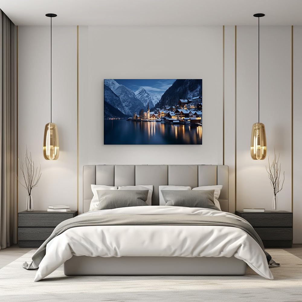 Canvas for Living room. Enchanting Winter Wonderland: A Serene Village Amidst Snowy Peaks and Lakeside Reflections, 27 x 18 inch Canvas Wall Art - Expansive Panoramas - Modern Home Decor