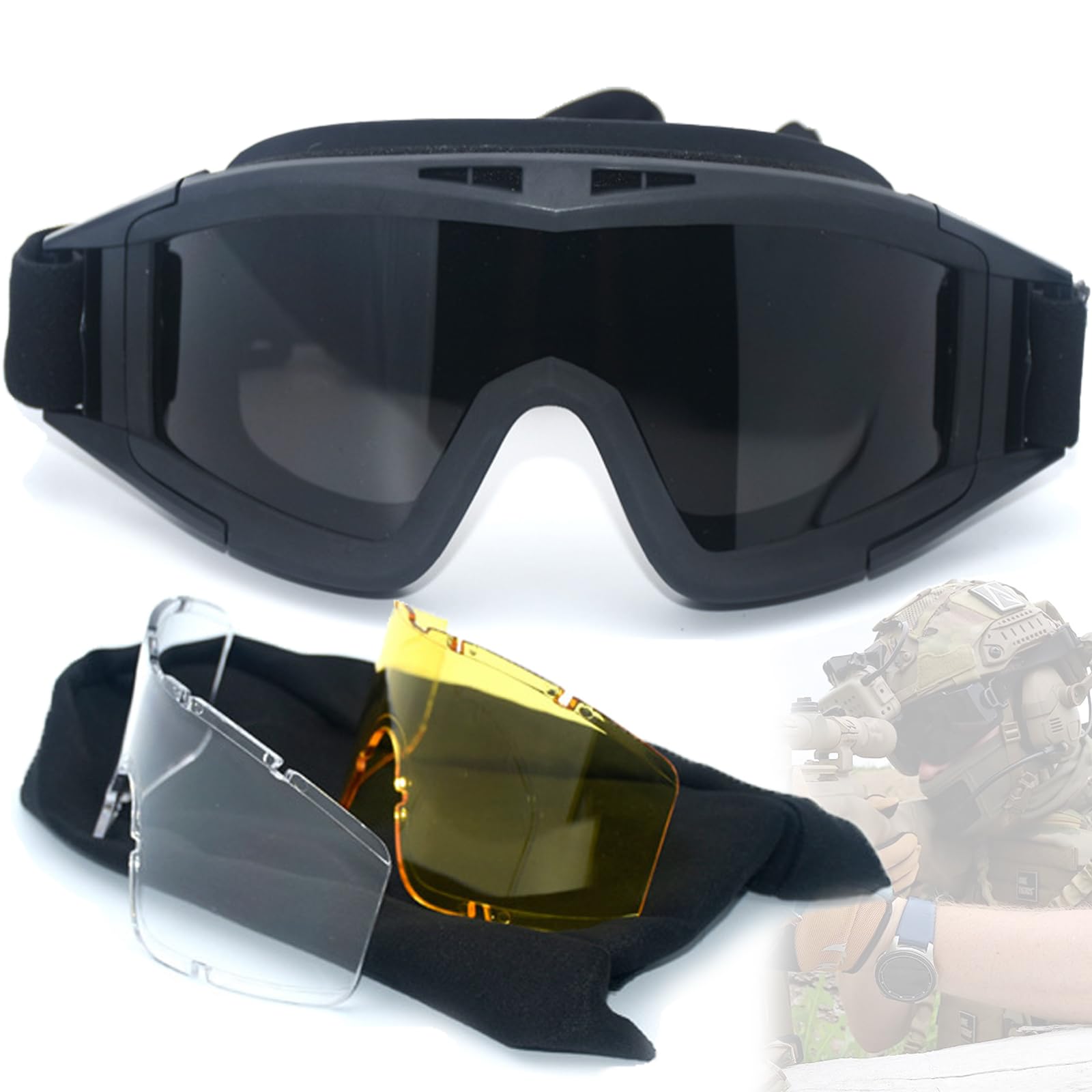 Weploda Gafas Tácticas Militares, Gafas de Protección, Tácticas a Prueba de Polvo, Gafas de Seguridad, Antivaho, con Cristales Ahumados y Cinta Elástica, Lentes Intercambiables de 3 Colores