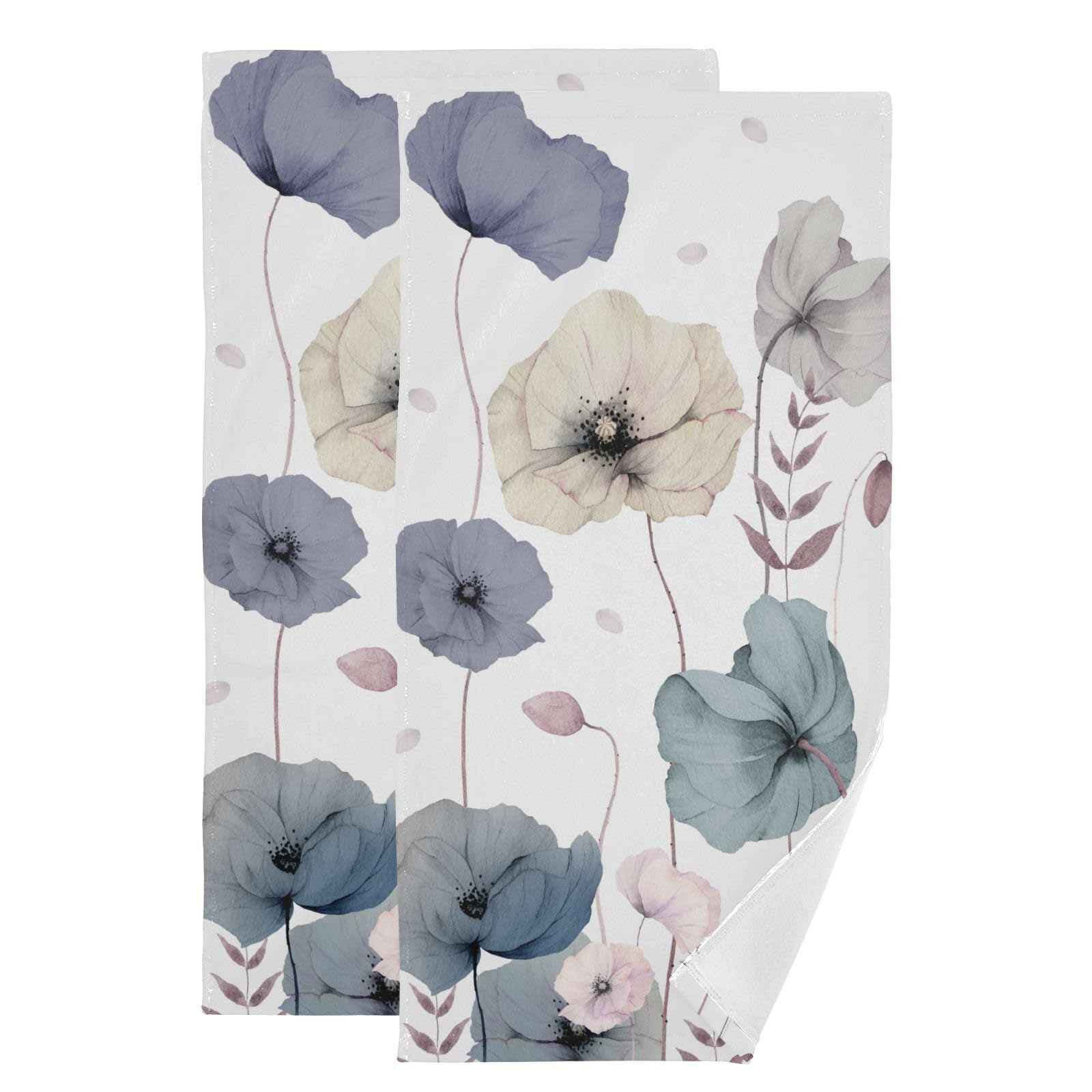 HUAZHIKOU Vintage Blue Poppy Flower Hand Towels for Bathroom Set of 2 Absorbent Boho Pink Blooming Poppies Floral Botanical Kitchen Dish Towels