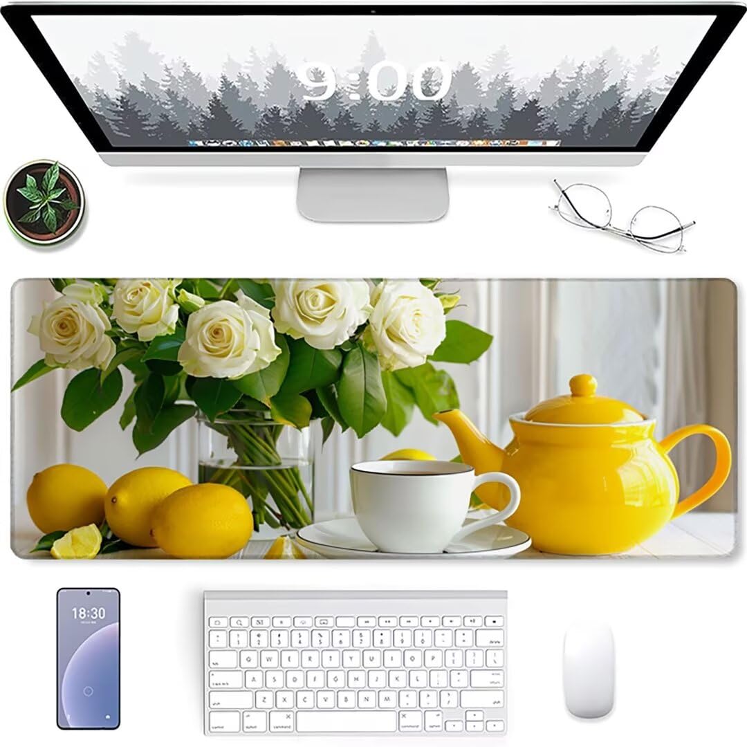 Excel Shortcut-Tasten-Mauspad - erweitertes großes 1200 x 600mm XL-Spickzettel-Gaming-Mauspad | PC-Büro-Tabellenkalkulation-Tastaturmatte | rutschfeste genähte Kante Blume Tasse