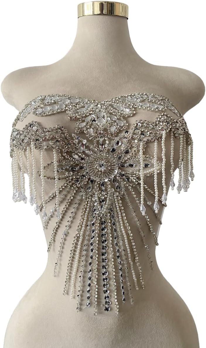 Unique Tassel Decorative Appliques Pure Handsewing Beads Rhinestones Trim Patches Luxurious Design Accessories for The Chest of Clothes Dress (Silver)