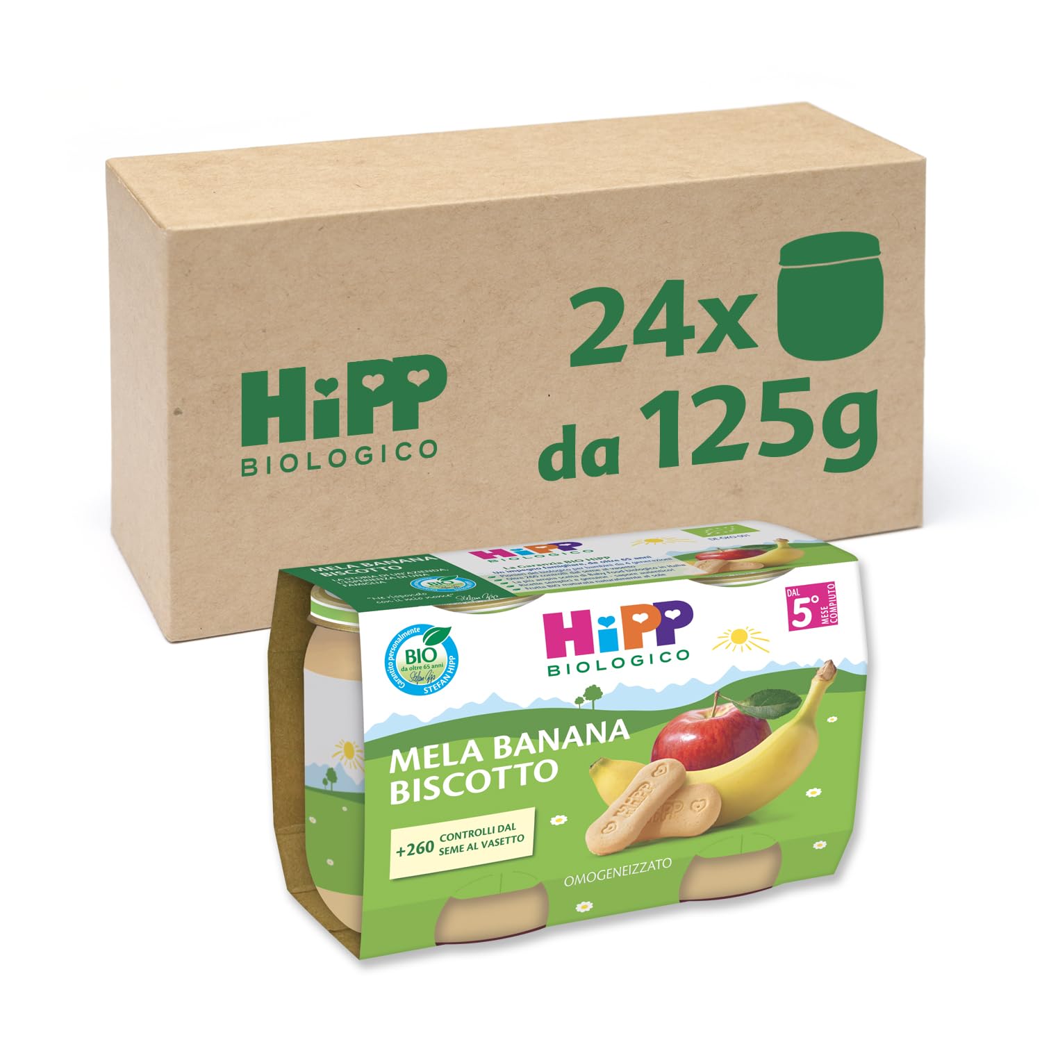 HiPP - Omogeneizzato Di Frutta, Gusto, 24 Vasetti Da 125 G, Mela, Banana E Biscotto, 3000 Grammo - 1