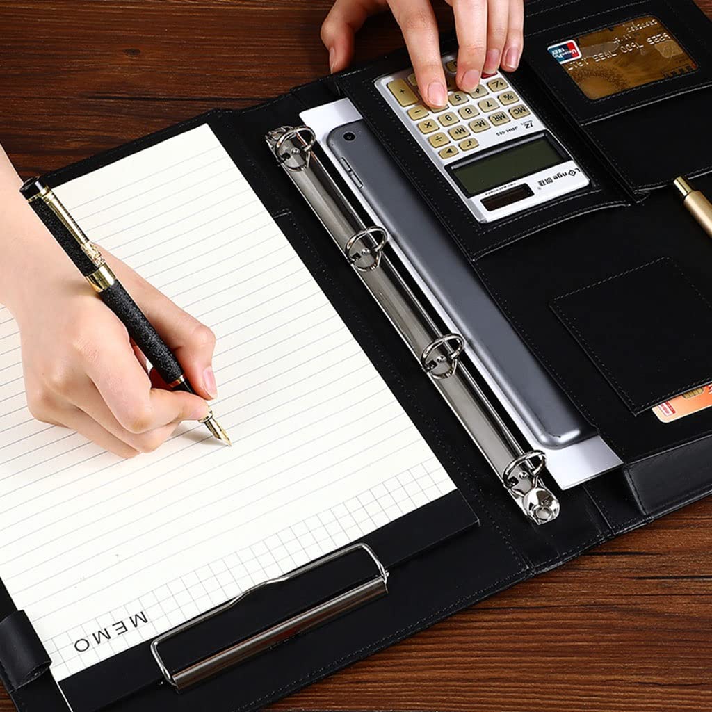 Porte Documents Porte Bloc A4 Portefeuille d'affaires classeur Padfolio avec 4 Anneaux classeur Bloc-Notes Cahier pour Femmes Hommes Interview