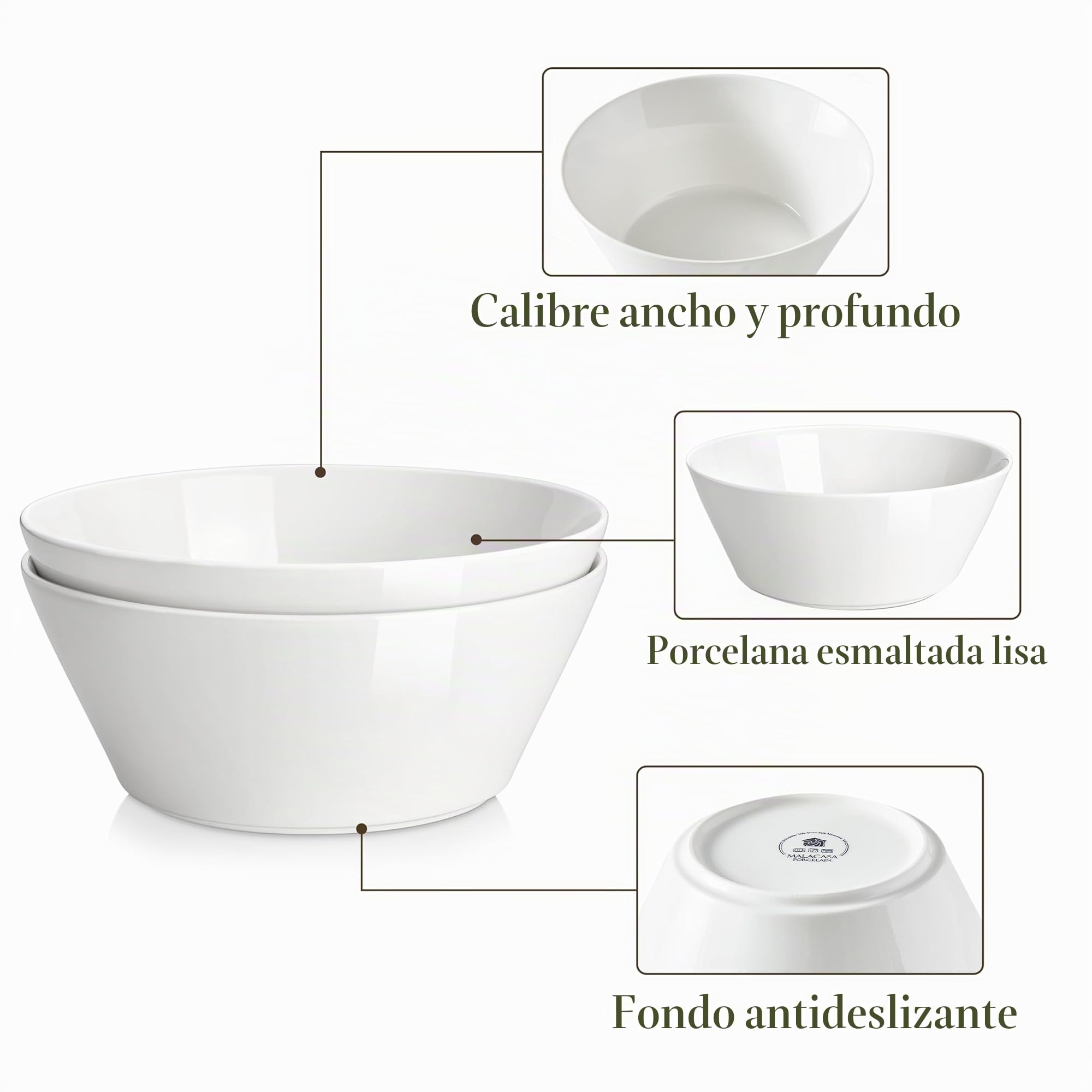 MALACASA Ensaladera de 3.1 L, Juego de 2 Cuencos Grandes de Porcelana para Frutas, Cuencos de Servicio para Ensalada, Fruta, Sopa, Ramen y Cereales, Blanco, Serie Regular