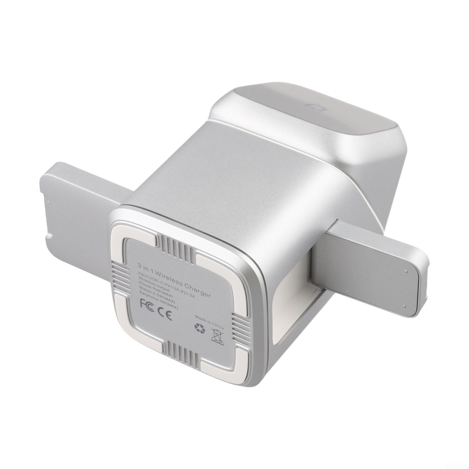 Stazione di ricarica wireless 3 in 1 da 15 W, design pieghevole con rotazione automatica a 180°, per iPhone, per Samsung Watch, ricarica rapida, colore argento (bianco)