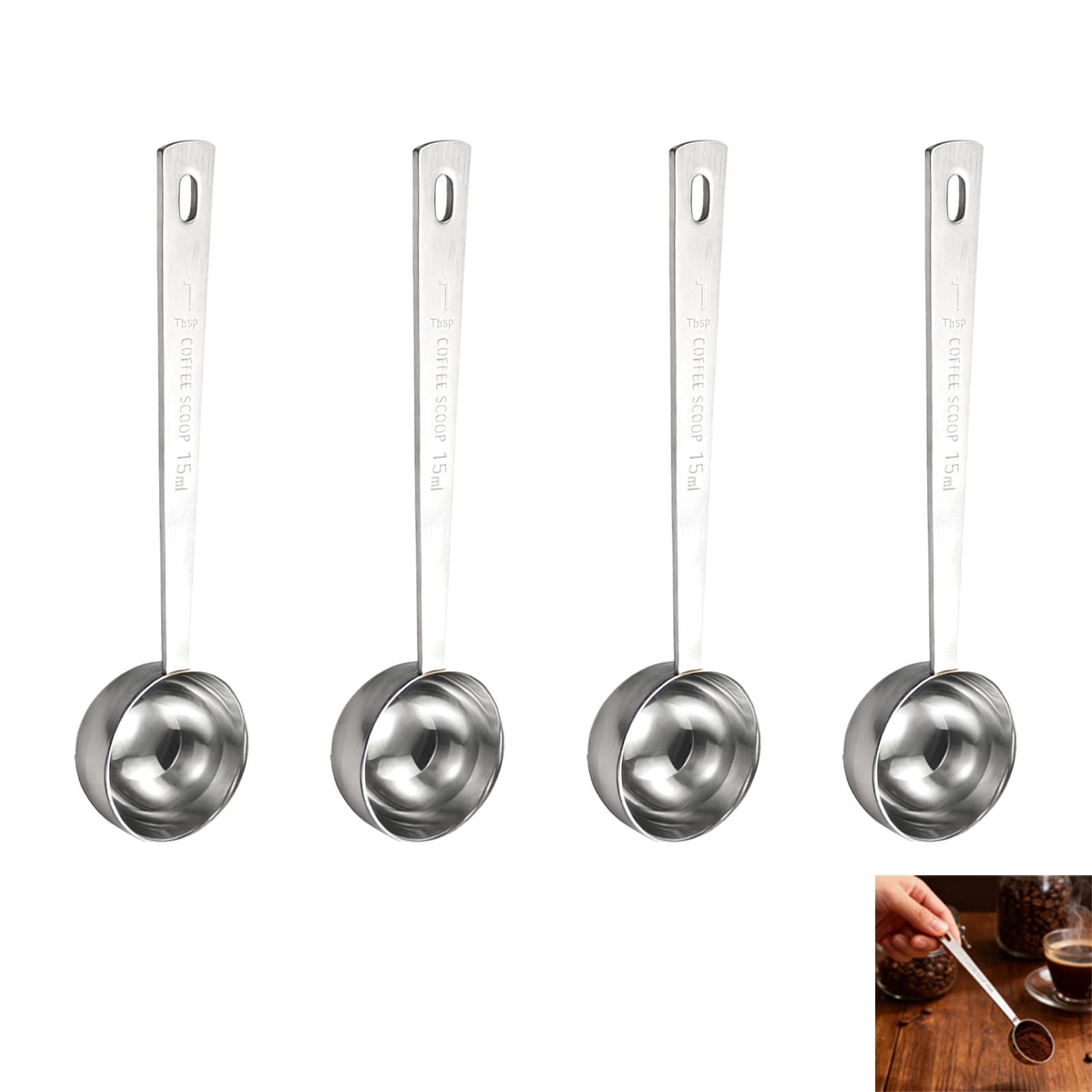 4 Pcs Tablespoon Scoops,15 ml Stainless Steel Coffee Scoop with Long Handle, Durable Metal Coffee Scoop for Ground Coffee Tea Milk Powder Fruit Powder Sugar Baking Ingredients Measuring Table Spoon