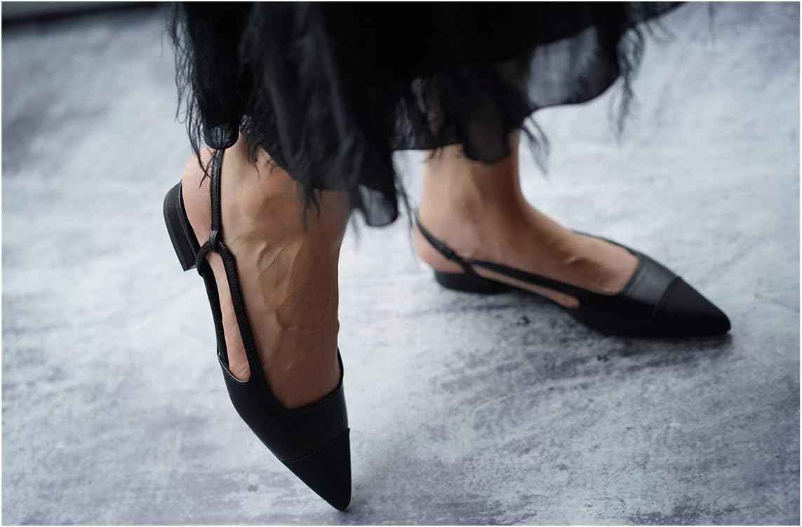 C.Paravano Women's Pointed Toe Slingback Flats | Comfort Heeled Sandals | Slip-On Flats | Perfect for Casual, Business, Party, Date (Size 5.5,Black Flat) - Image 2