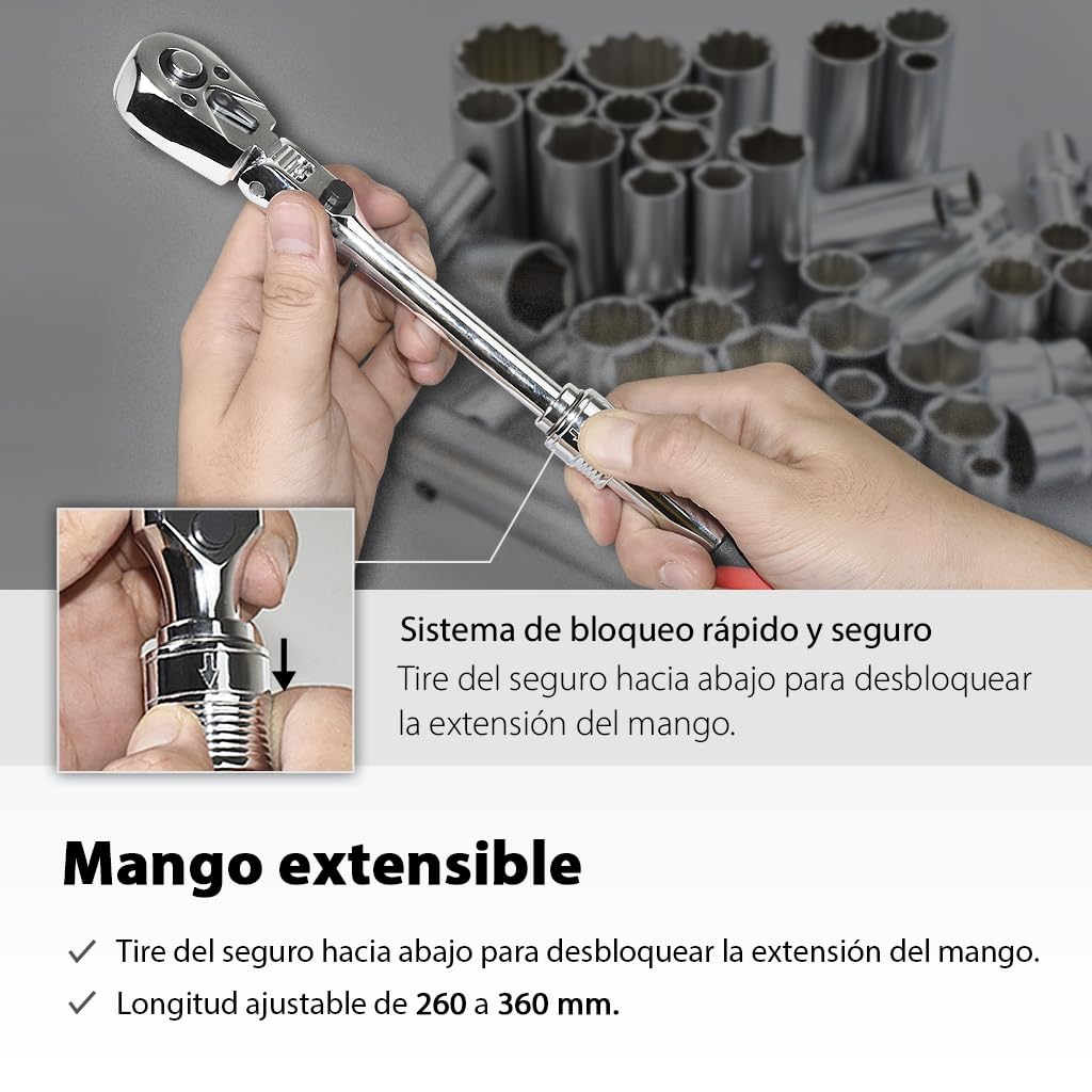 FIRSTINFO F3222NC | 3/8" Flexible extensible carraca reversible | 72 dientes | Extensible 260-360mm