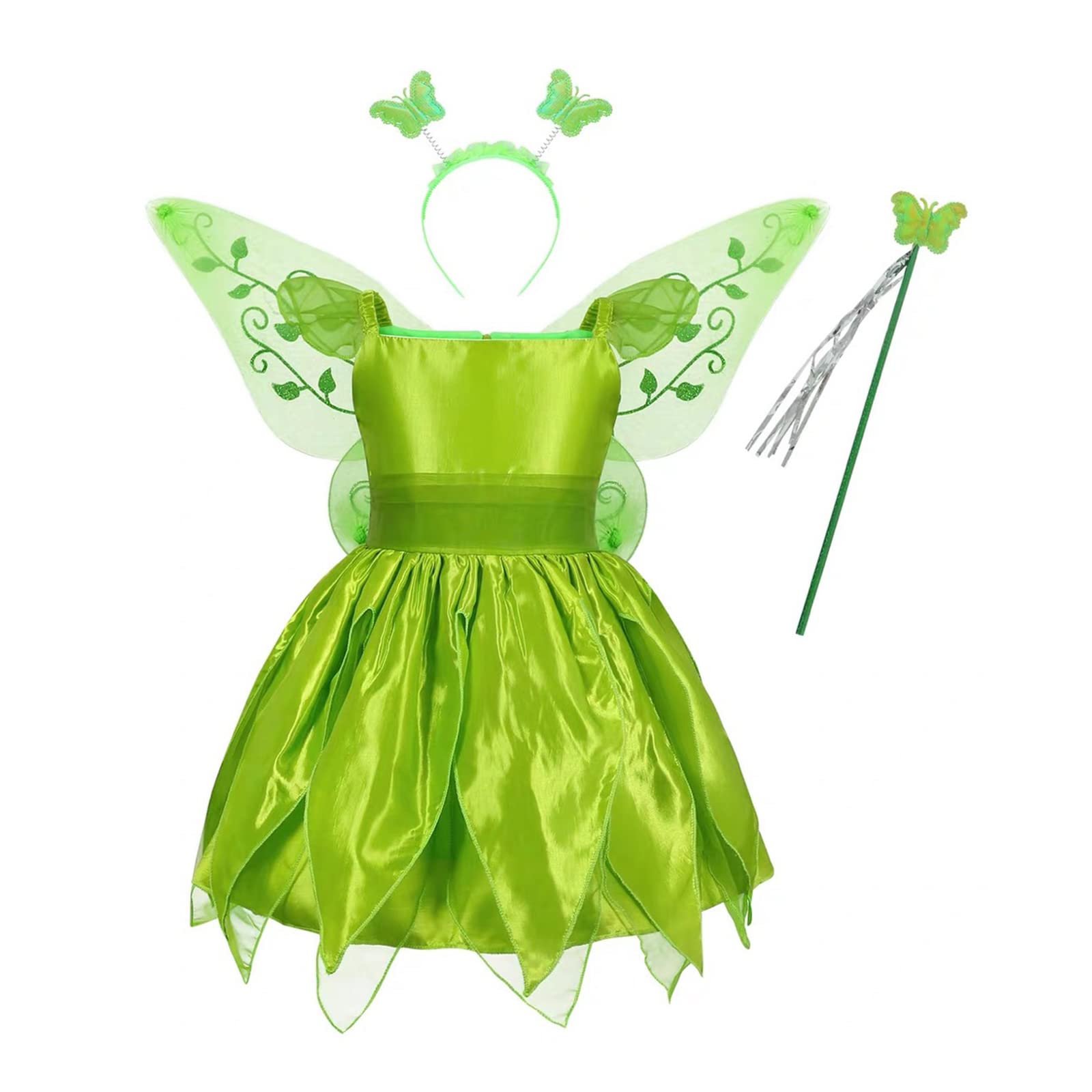 Nsywmzy Halloween Fairy Costume Dress For Girls Princess Tutu Dresses Skirt Butterfly Wing Wand Hair Hoop Birthday Party Gift (Green 4 Pieces Set B, 2-3 Years)
