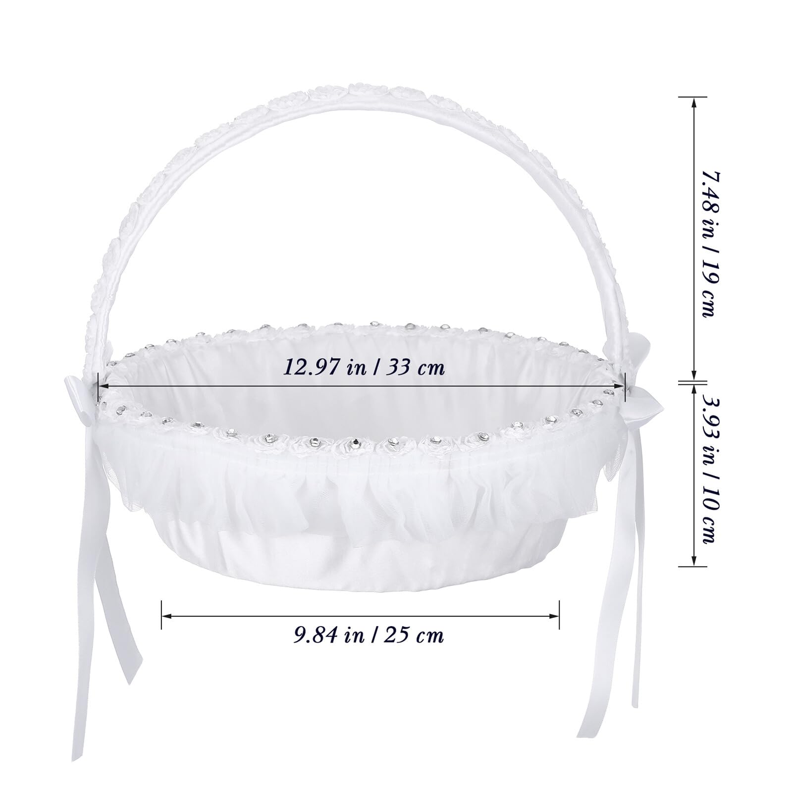 Eleganter Weißer Hochzeitsblumenkorb aus Polyester und Spitze mit Funkelnden Strasssteinen Leichter Handkorb für Blumenmädchen bei Besonderen Hochzeitsfeiern