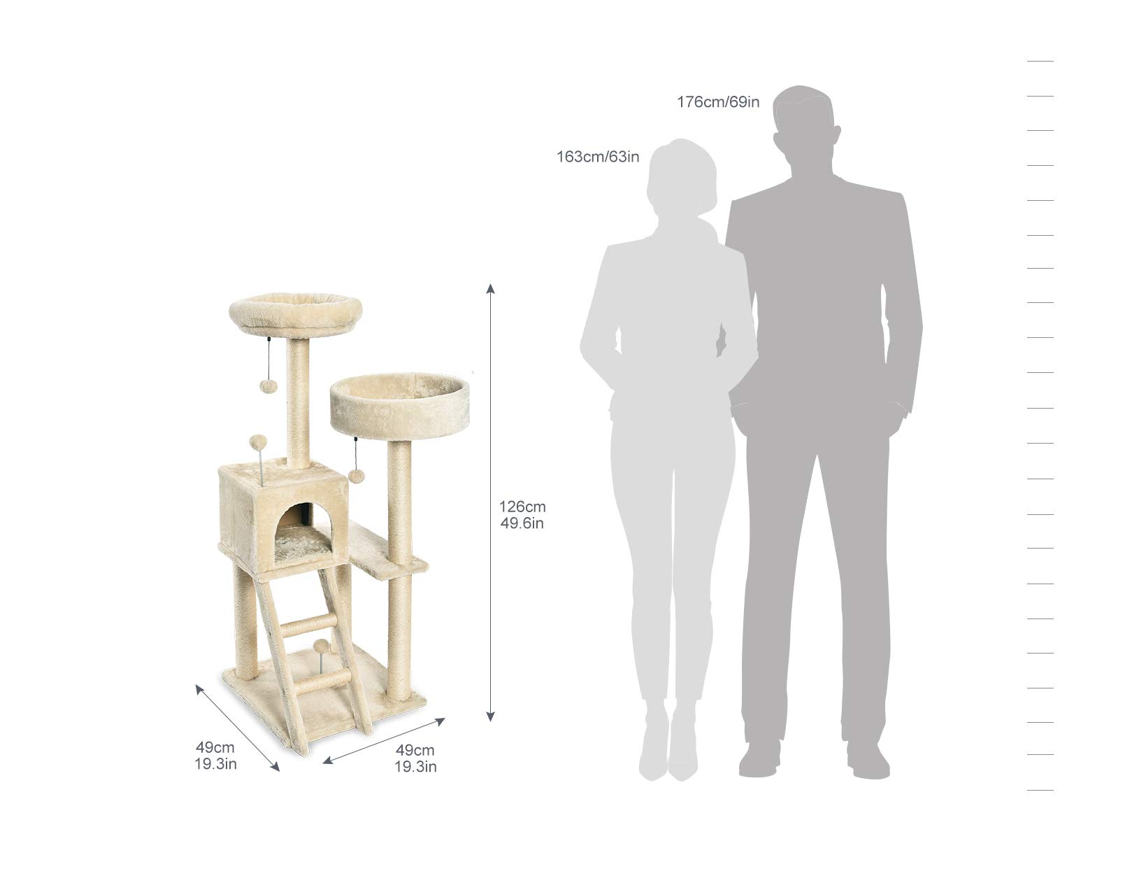 Amazon Basics, Tiragraffi per Gatti, Grande, con due Piattaforme e Casetta, Altezza 127 cm, a Più Livelli, Beige