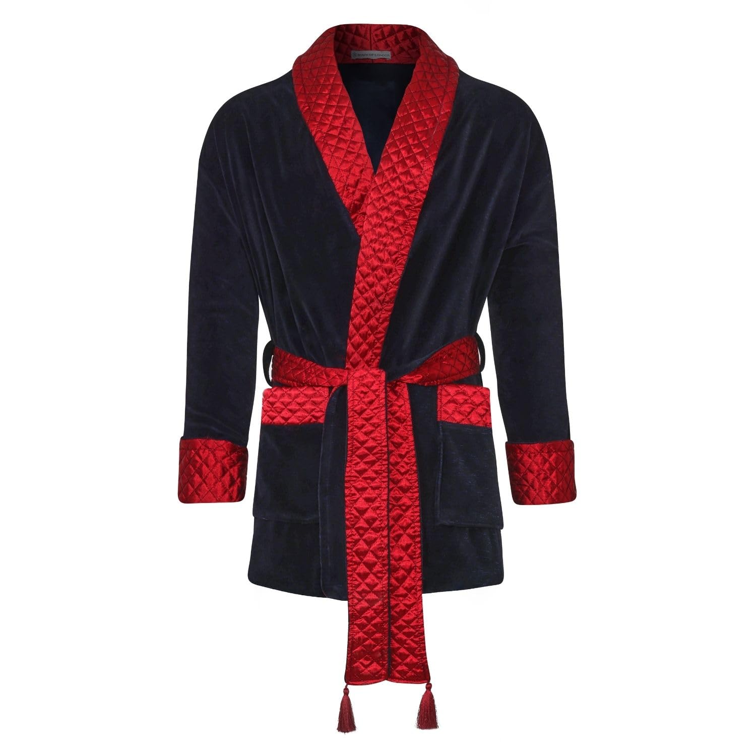 Bown Of London Men's Black And Red Cliveden Short Velvet Navy Dressing Gown With Quilted Satin Collar & Fold Back Cuffs (Xl)