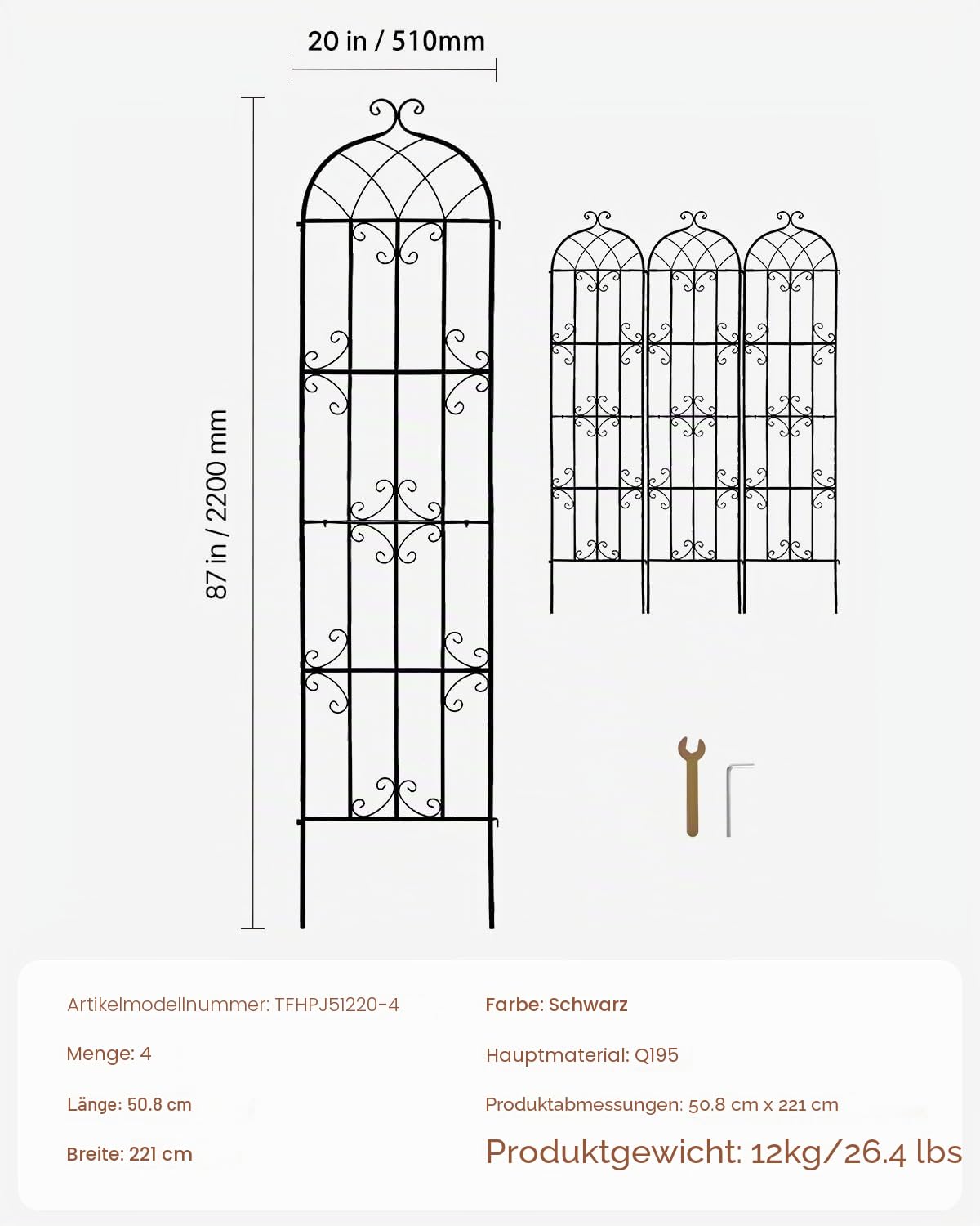 VEVOR Rankhilfe für Kletterpflanzen, 51x220 cm, 4er-Set rostfreies Metallspalier für Gartenblumen, Kletterrosen-Spalier, Rankgitter, Gurkenstütze, dekoratives Clematis-Spalier für Innenhöfe & Rasen