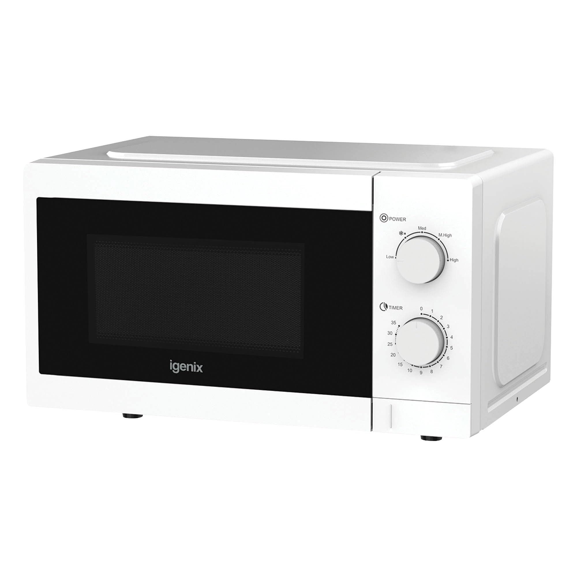 Igenix 20L 700W White Manual Microwave - 5 Levels, Defrost Setting, 35 Min Timer, Push Button Door, 255mm Turntable - IGMS09434W