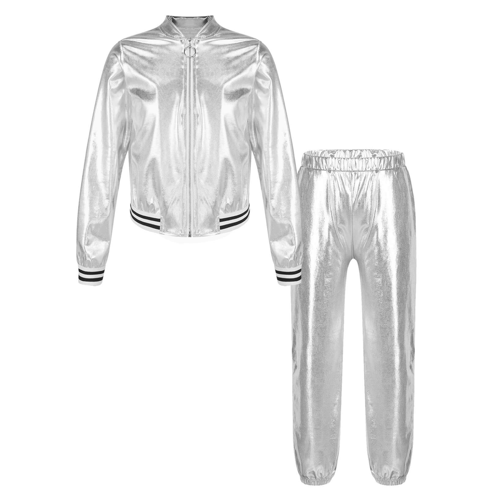 Conjunto de Disfraces de Hip Hop para Niña Niño metálicos brillantes Sudadera Pantalones Joggers Ropa de Baile años 90 Trajes Disfraz