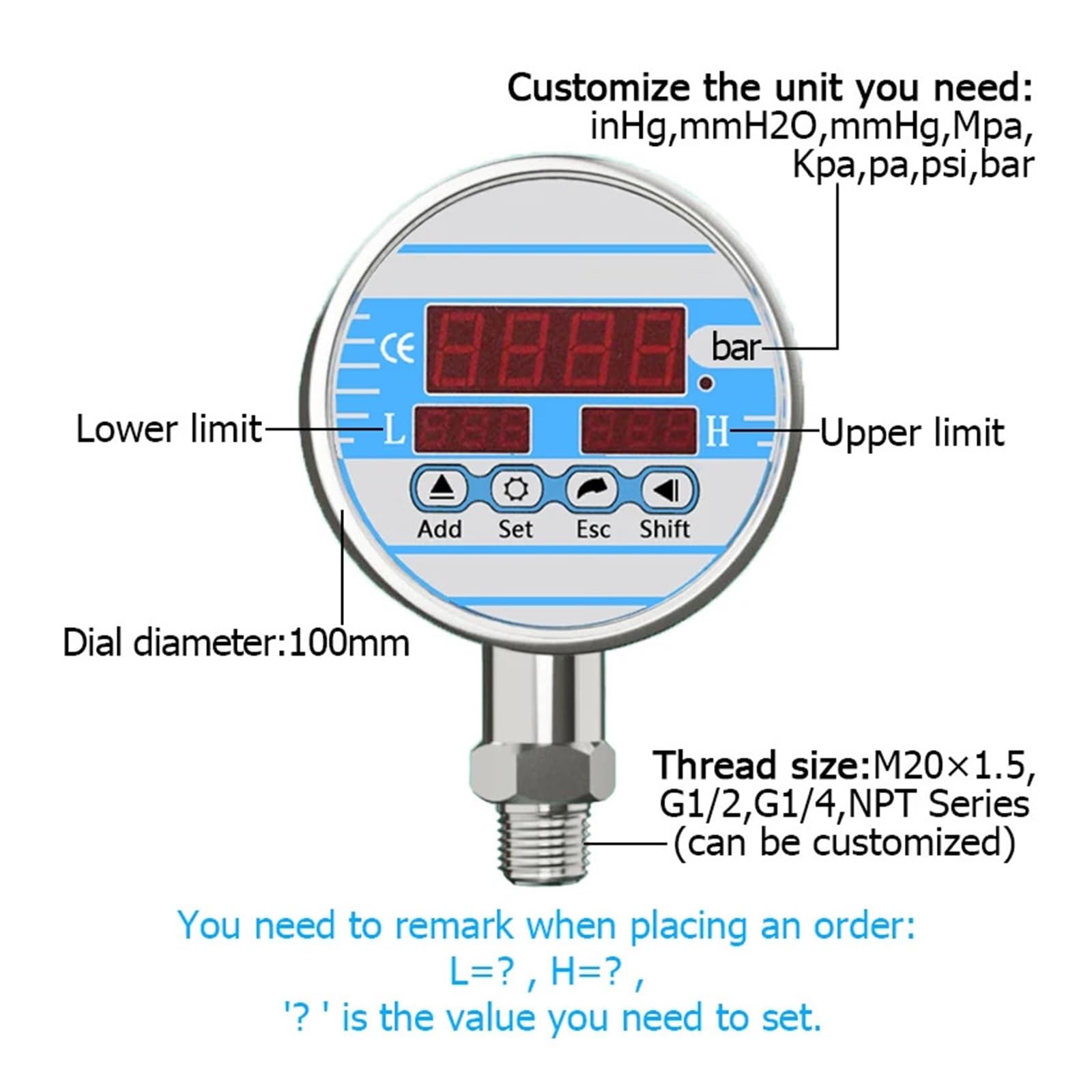 Manómetro de Contacto eléctrico Que Mide la presión del Agua y el Aceite. Sensor de presión NA NC. Salida 24 VCC. Control de límite Superior e Inferior.(G3-8,0-20bar)