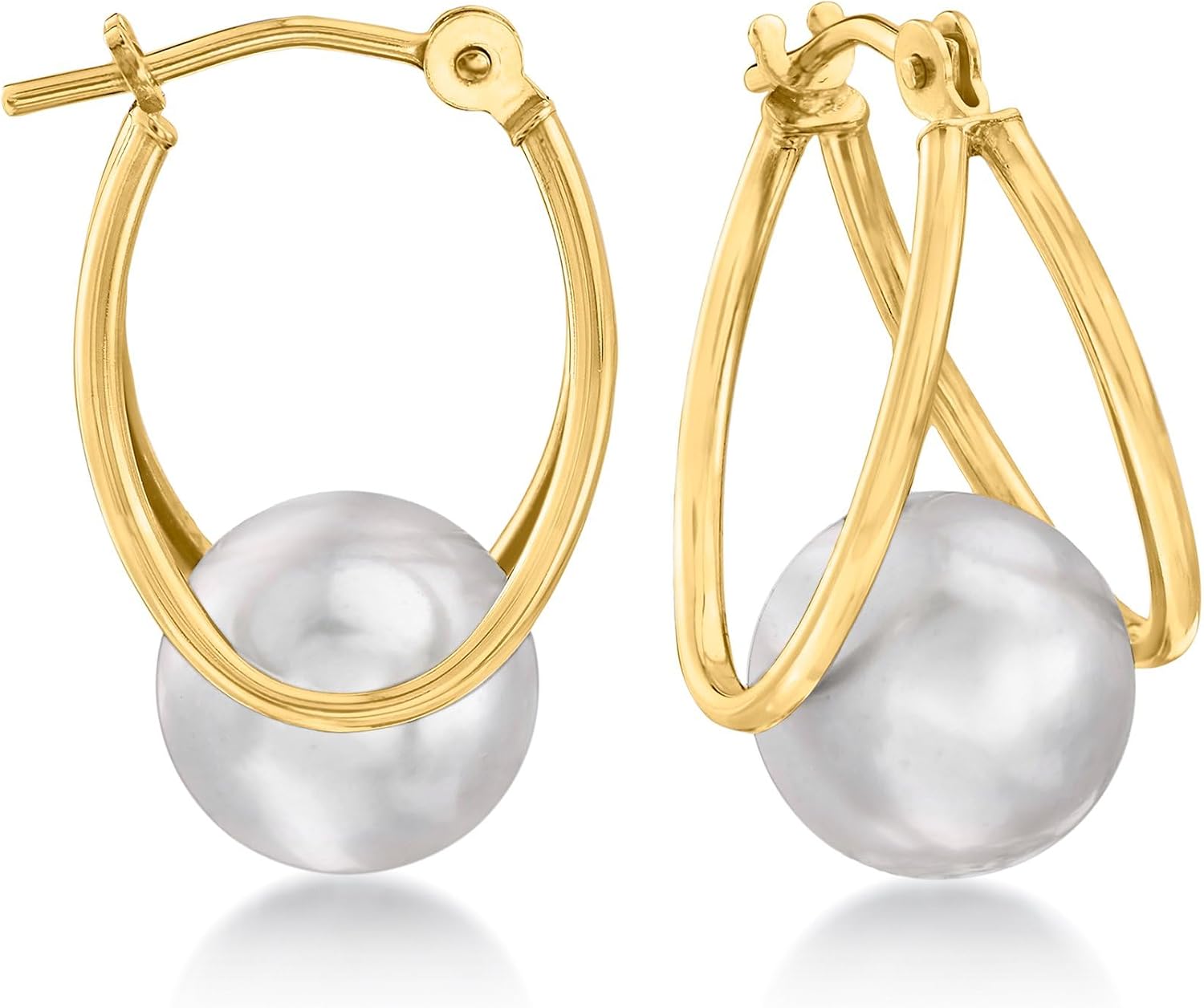 Ross-Simons 8-9mm Cultured Pearl Double-Hoop Earrings in 14kt Yellow Gold. 3/4