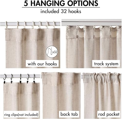 Miniatura 3 de MIULEE Cortinas de lino natural de 90 pulgadas de largo, 2 paneles, pestaña trasera y cinta plisada, cortinas de ventana de lino suave y grueso con