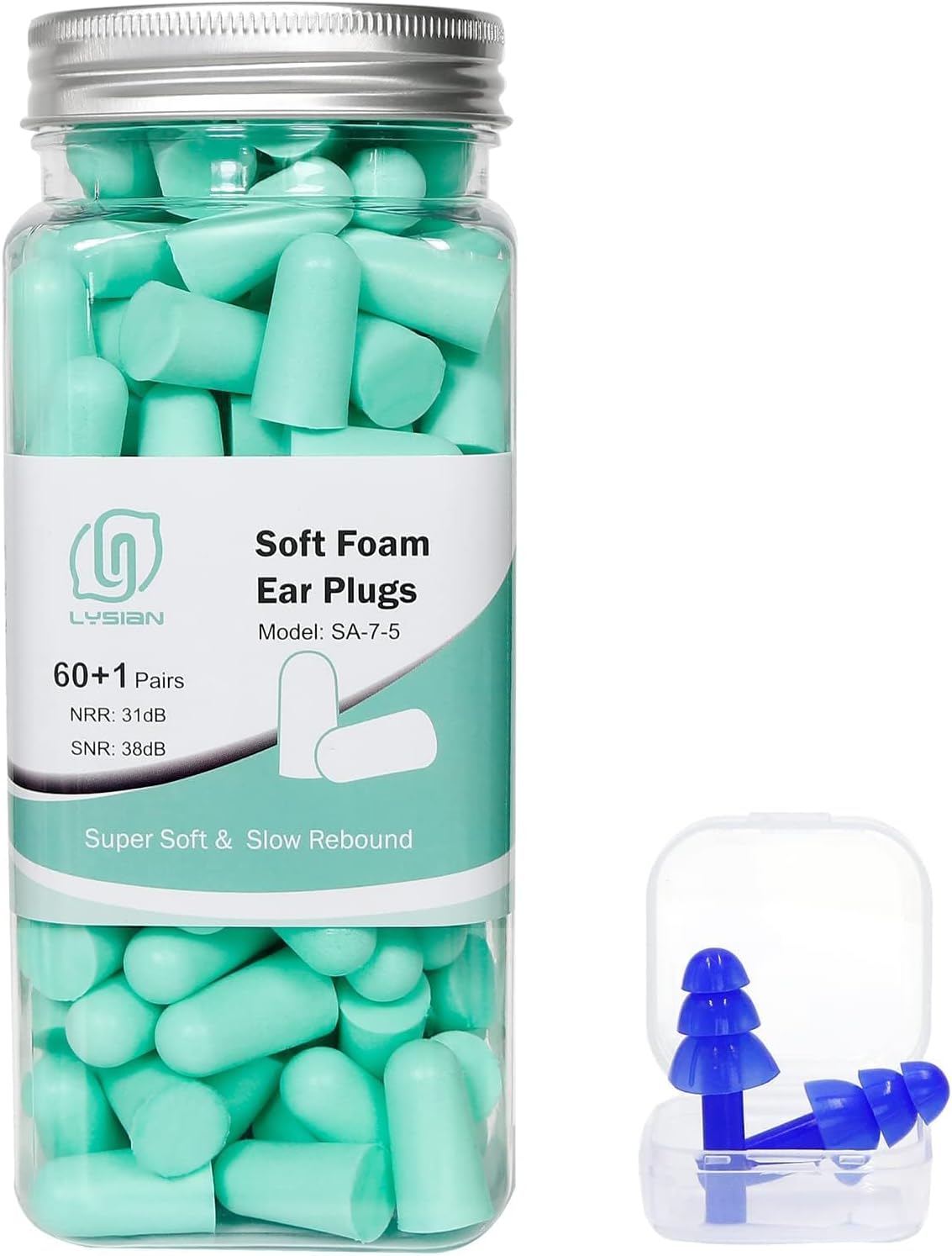 LYSIAN Ultra Soft Foam Earplugs Sleep -60 Pairs, 38dB Noise Reduction Ear Plugs for Sleeping, Work, Travel and Shooting, (Water Blue)