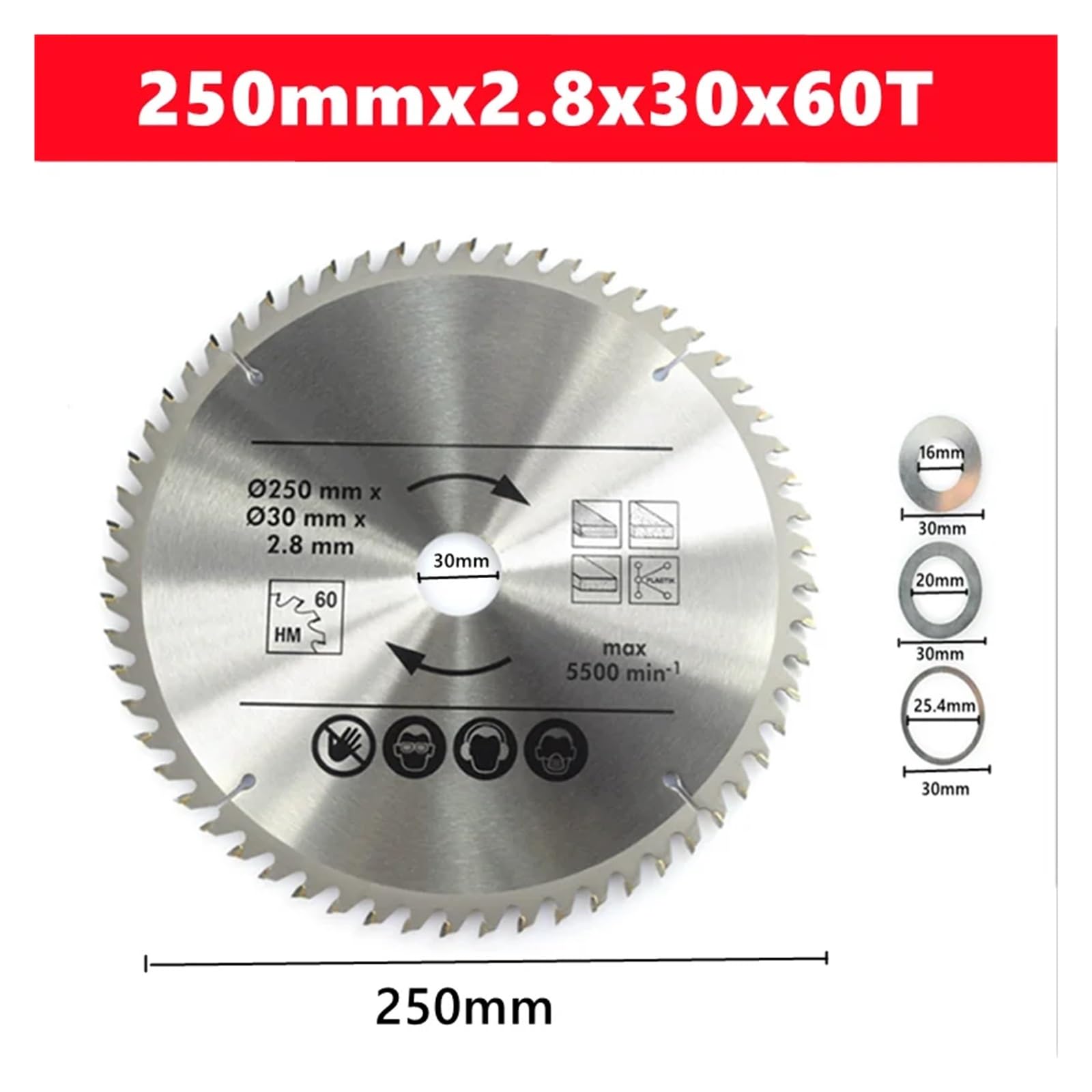 Hoja de sierra carburo for madera, 250 mm x 40T/48T/60T/80T, apertura 30, disco carpintería TCT, hoja circular aleación dura(250x30mmx60T)