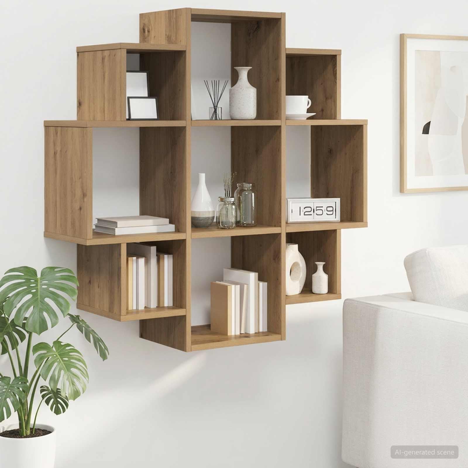 Estantería de pared de roble Artisan, 90 x 25 x 90 cm, con 9 compartimentos, estantería flotante para montaje en pared, sistema moderno de pared para salón, oficina y cocina