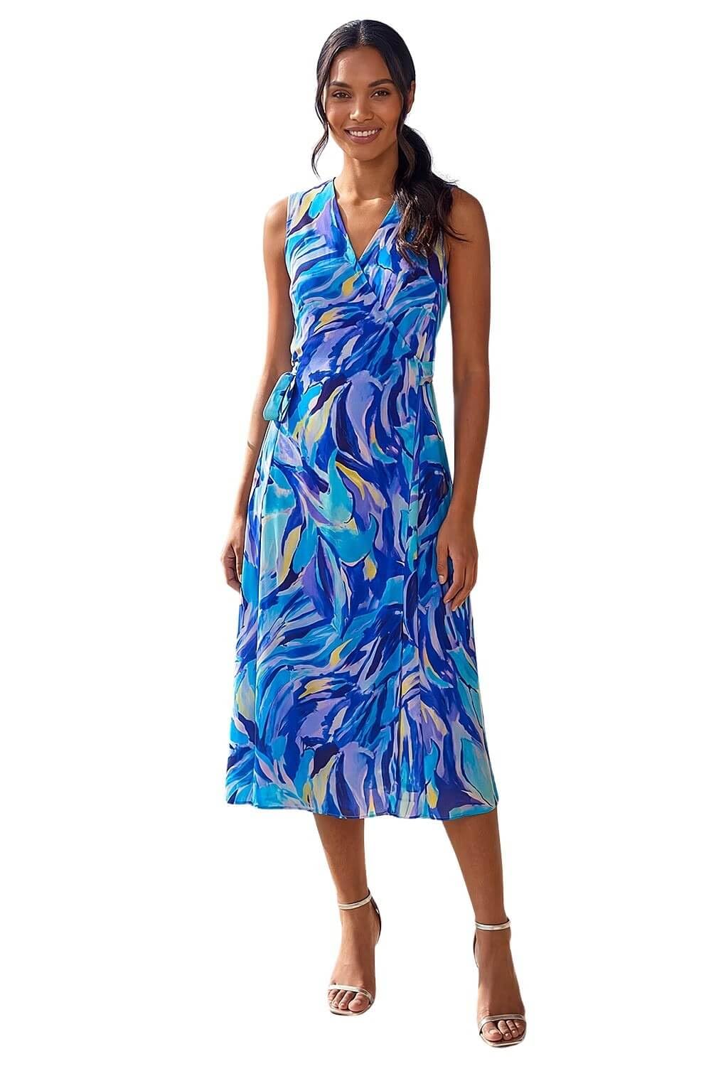 Roman Women's Floral Print Wrap Chiffon Midi Dress in Blue | Size: 10