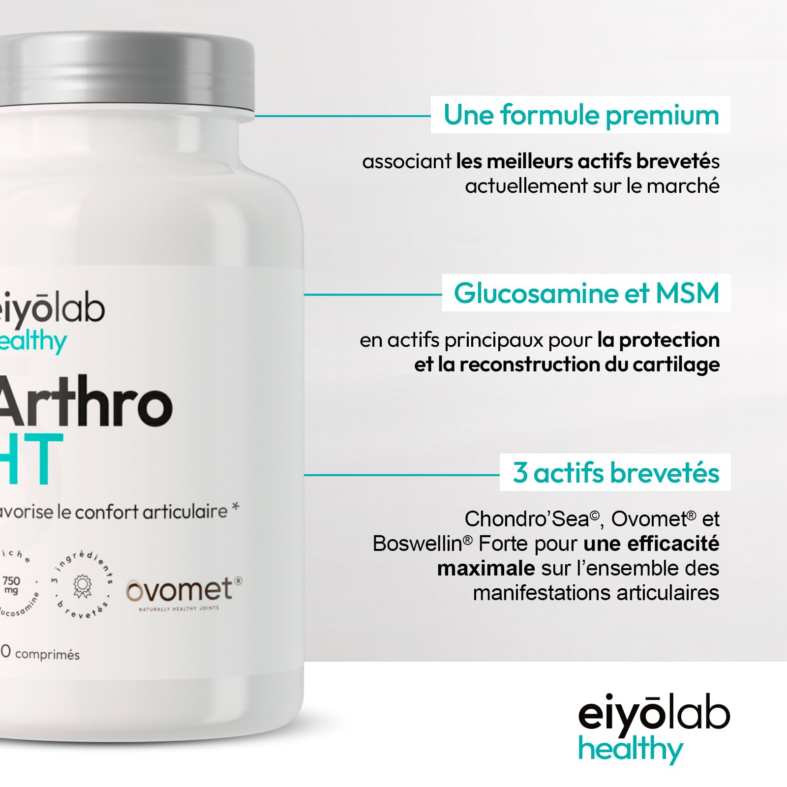 ARTHRO HT | Articulations Douloureuses - Soulagement Rapide et Durable | 3 Actifs Brevetés | Collagène Ovomet + Glucosamine + Chondroïtine + MSM + Boswellia | 120 Comprimés | Made in France | Eiyolab